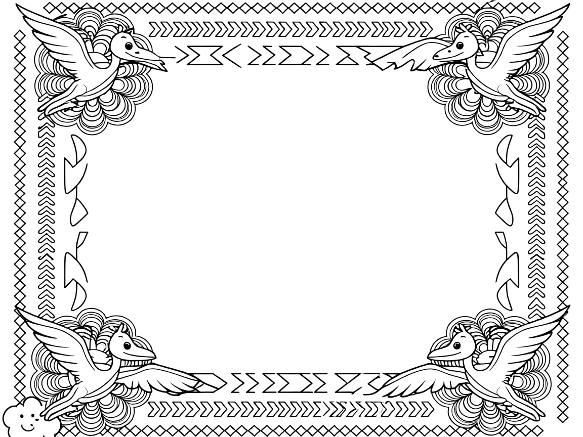 Dinosaurs & Prehistoric: The page centers on a repeating motif of a friendly-faced pterodactyl gliding with wide wings, built around a layered rosette mandala with overlapping round petals. The motif is arranged evenly around the four edges of the page, forming a continuous decorative frame around a clear center space. Decorative details fill the surrounding space, including ribbons folded into gentle zigzags, rows of arrow-shaped chevrons, and a repeating chain of small diamonds woven throughout the background. A playful extra touch completes the page: a small round cloud with a friendly face tucked into a corner.