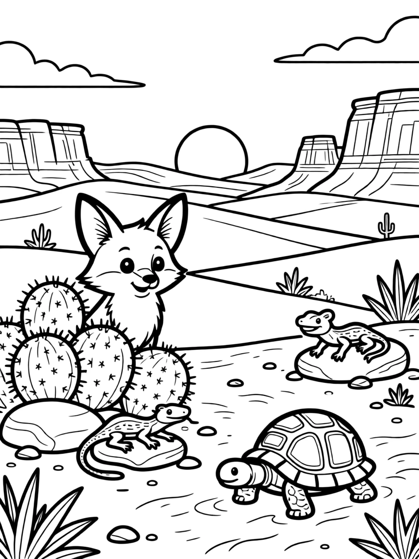 [Desert Dunes] A curious desert fox pokes its oversized ears out from behind a cluster of round cacti. Lizards bask on sun-warmed rocks while a tortoise slowly makes its way across the sand. Rolling sand dunes stretch toward distant rocky mesas beneath a wide open sky. The sky glows orange and pink as the sun sets behind the rolling dunes.
