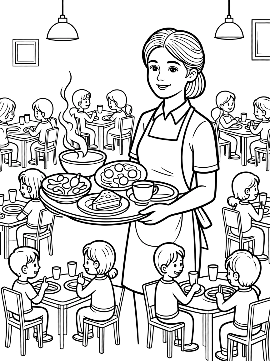 A restaurant server balances a tray of steaming dishes through a busy dining room.
