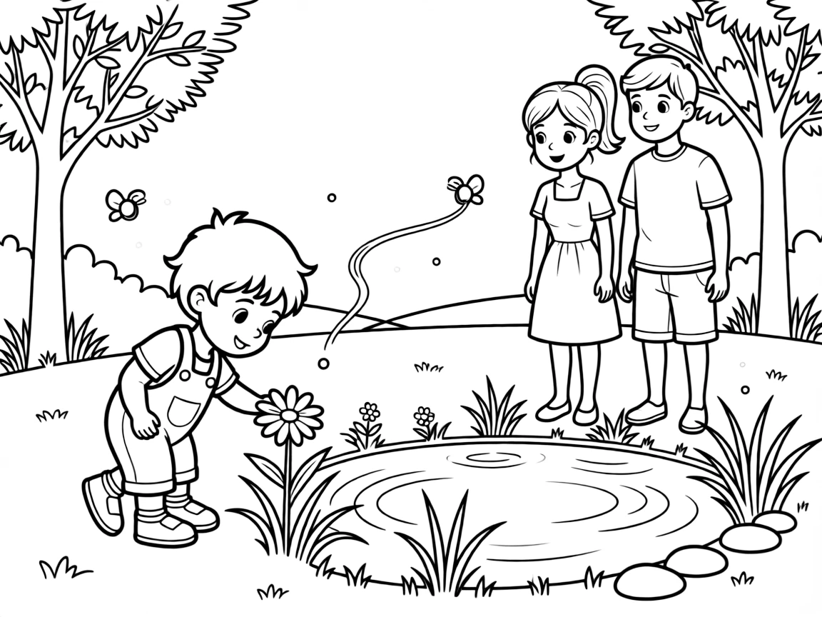 A wobbly toddler picking a daisy with a foster family by a small pond with fireflies glowing at dusk.