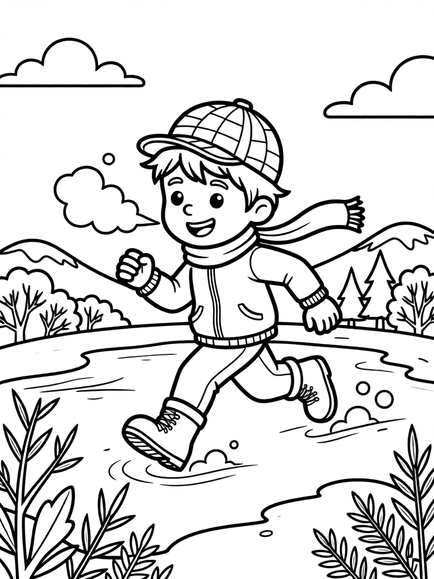 A confident boy wearing a bright cap, racing across the pond ice as breath puffs visibly in the cold air.