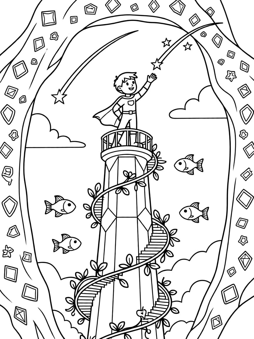Cadet Circuit, a cheerful super-strong superhero kid counting shooting stars from the top of an observation tower in a crystal cave glittering with rainbow-colored gems, as a school of glowing space fish swimming through the air and a spiral staircase wrapped in glowing vines fill the scene.