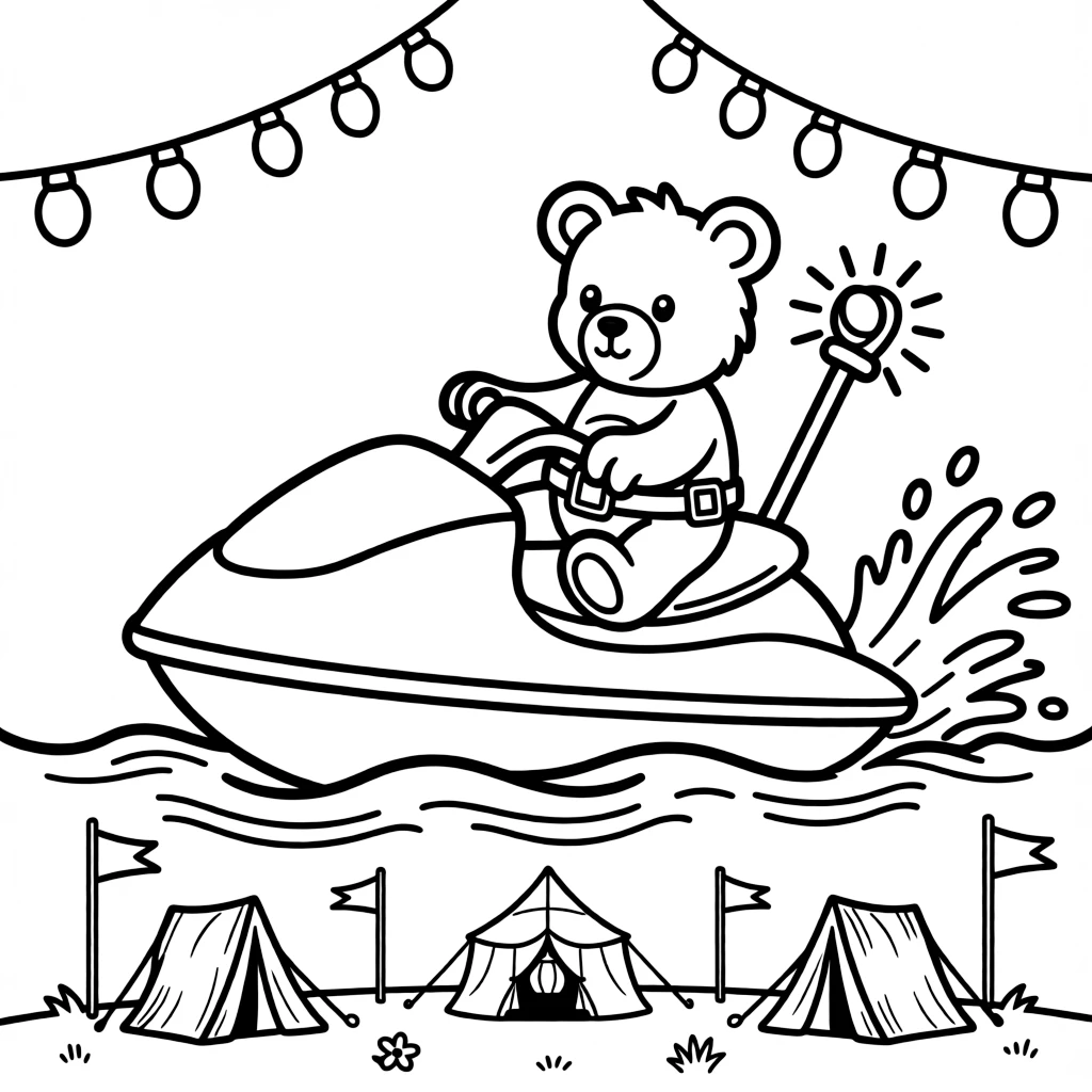 A jet ski slicing a spray of water behind it is shown journeying through a festival ground lit up with strings of colorful lights, with a teddy bear buckled safely into the passenger seat close by and a signal light blinking cheerfully completing the lively scene.
