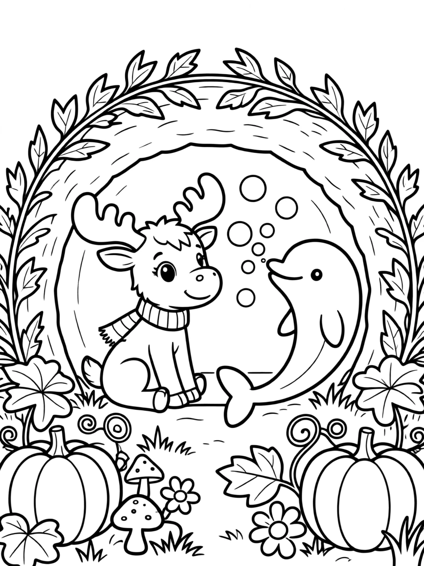 A moose calf in a cozy burrow, blowing bubbles with a dolphin, next to a pumpkin patch.