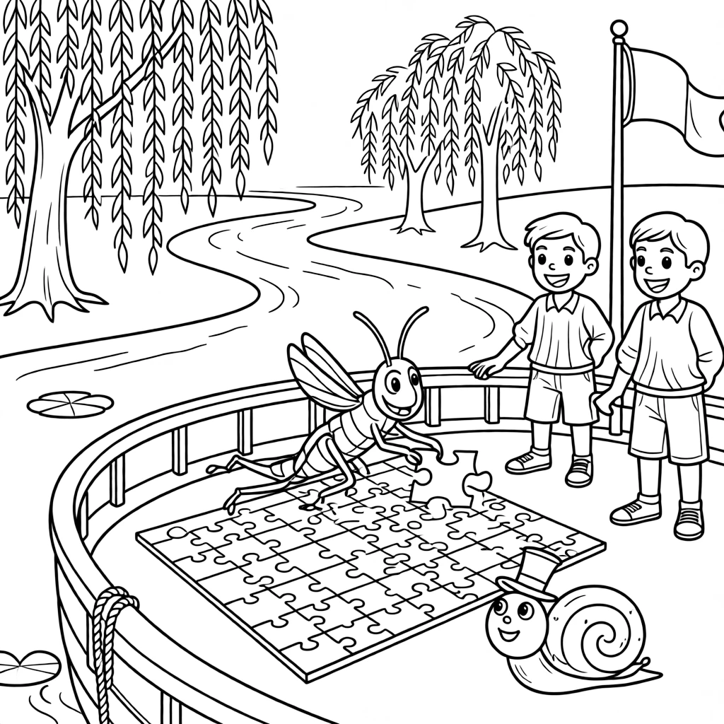 On a riverboat drifting past willow trees, a plucky grasshopper high jumper discovers the joy of putting together a puzzle as big as the floor, while a snail wearing a tiny top hat watches happily nearby. The whole crew is grinning from ear to ear.