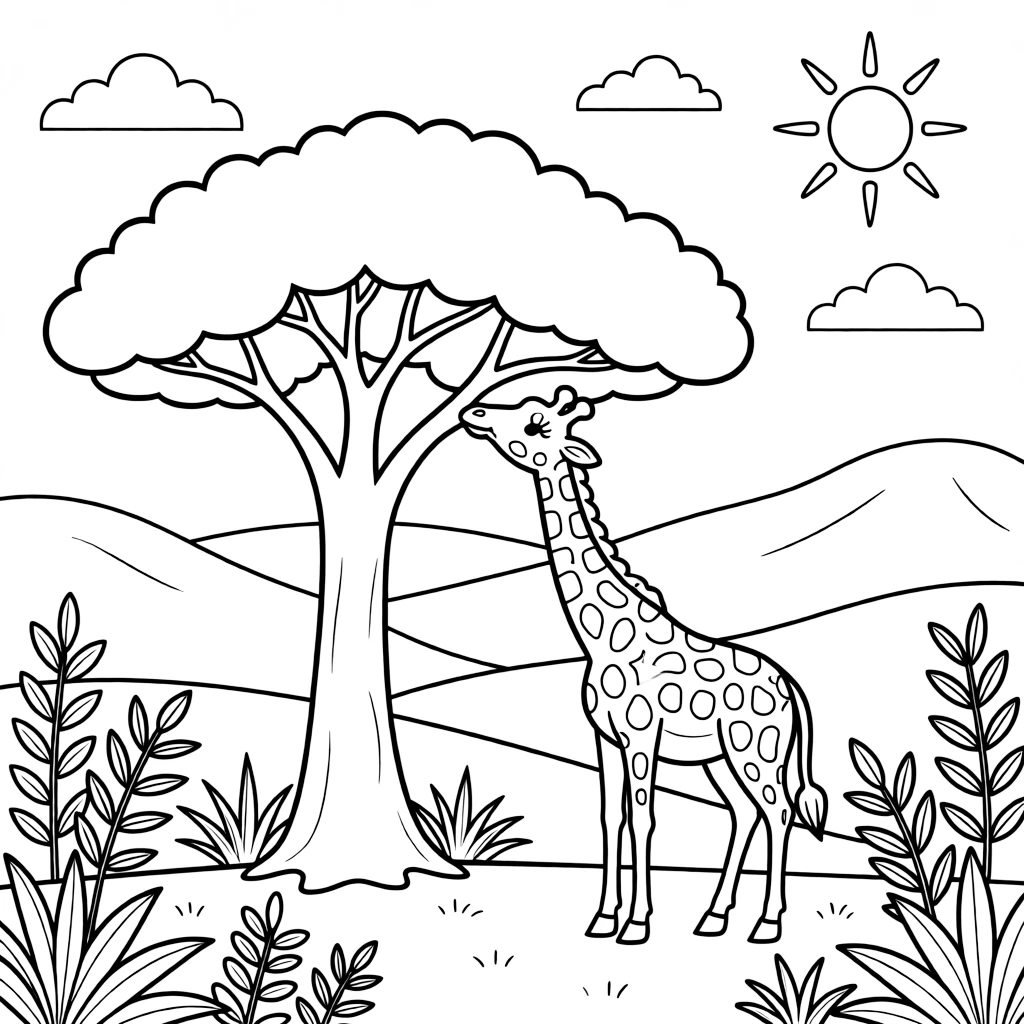 A coloring page of a gentle nature scene in Tanzania featuring a giraffe reaching up to nibble leaves from a tall acacia tree, surrounded by plants, rolling hills, and a bright sky.