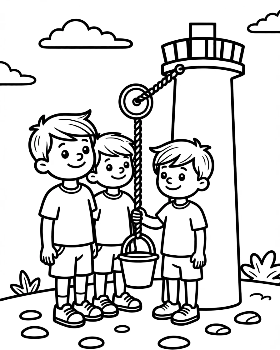 thoughtful twin brothers invent a simple pulley system to lift a toy bucket up a tower.
