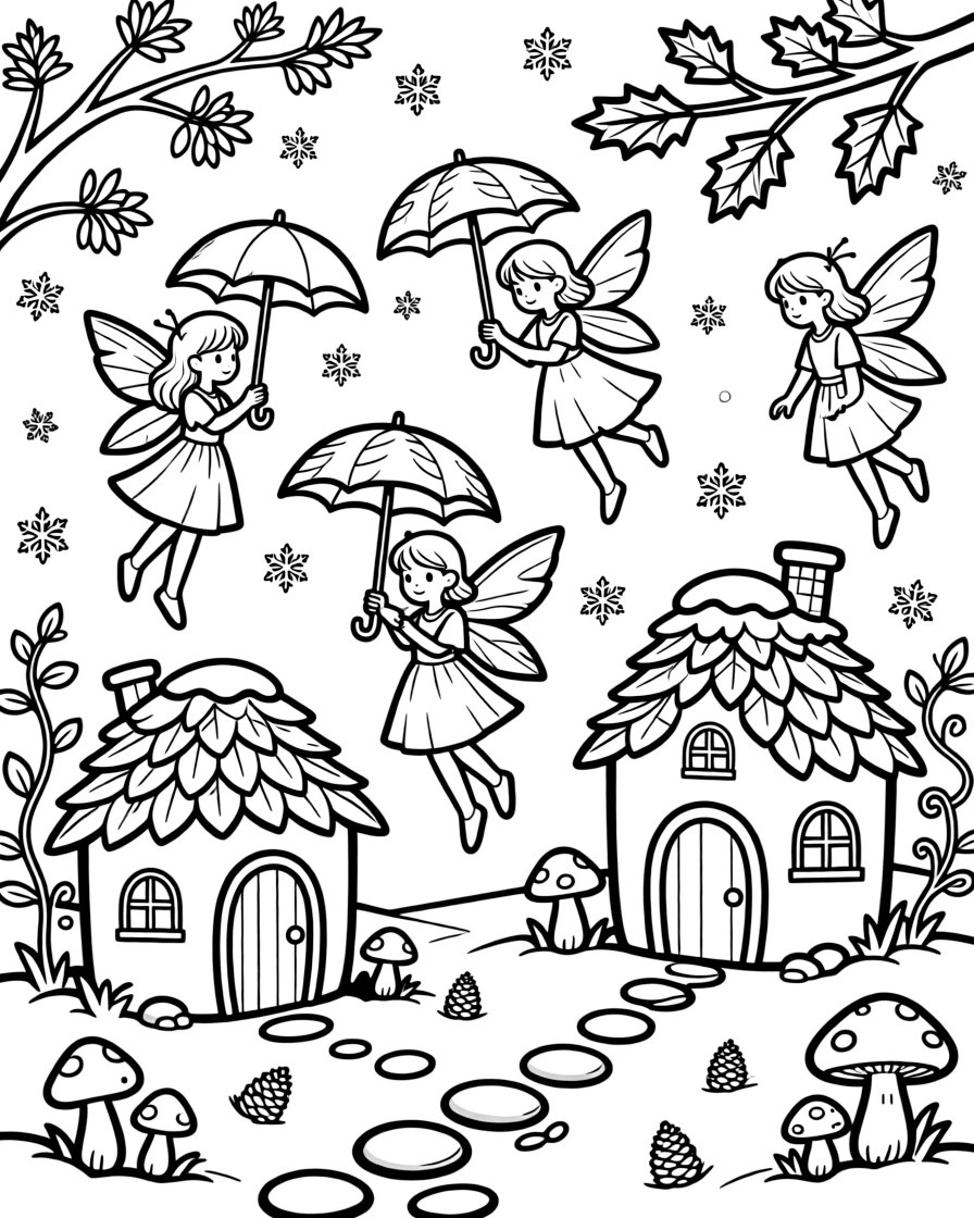 A fairy village celebrates the first snowfall, tiny umbrellas made of leaves catching delicate snowflakes.