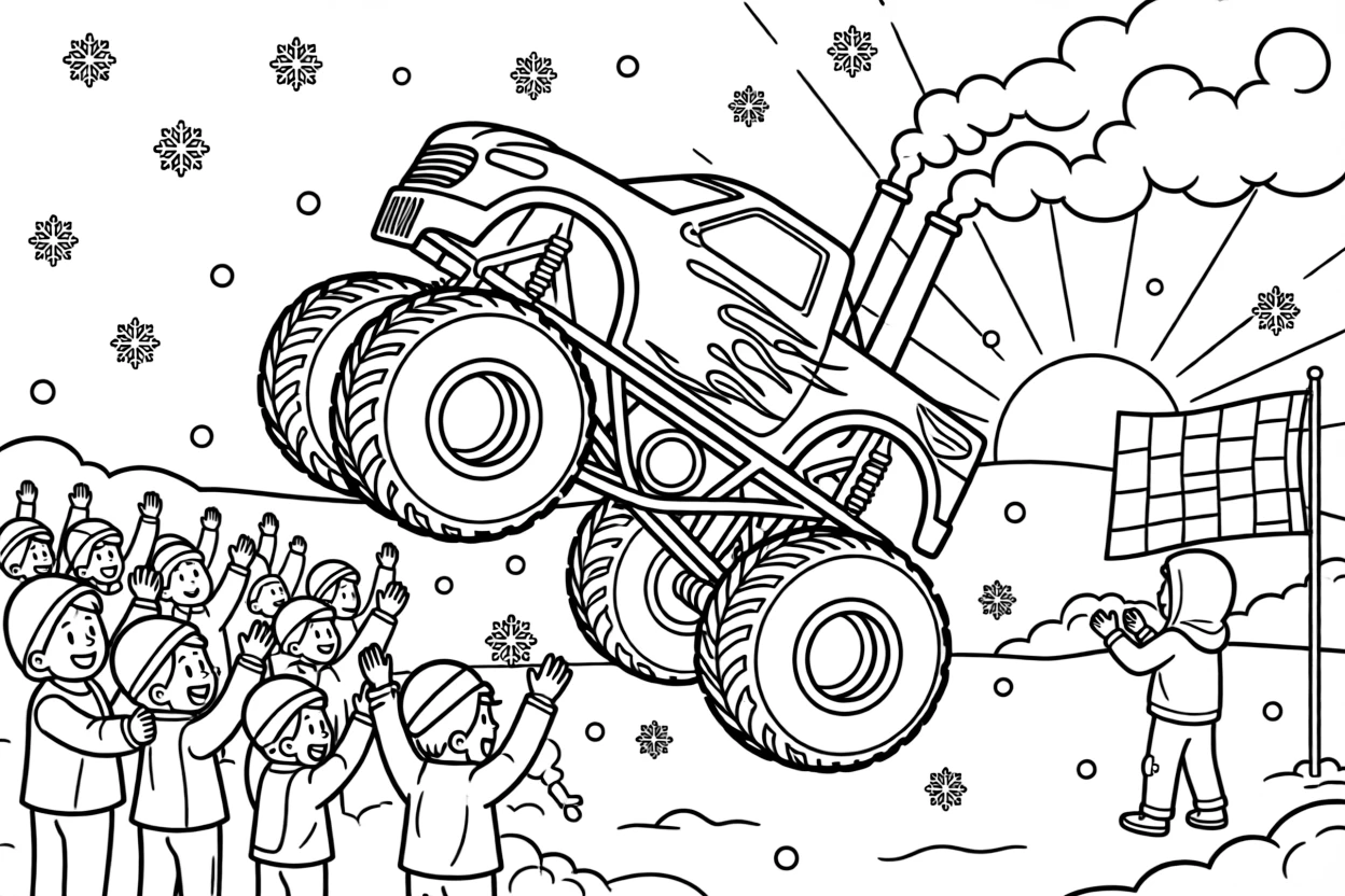 [Monster Trucks] A dynamic scene shows a flame-painted monster truck doing a wheelie in front of the crowd at an outdoor monster truck rally, letting out a triumphant roar. Close by, a checkered flag waves from the sidelines. Smoke puffs from the tall exhaust stacks. The moment unfolds at sunrise, with snow gently falling, filled with energetic detail perfect for a young colorist.