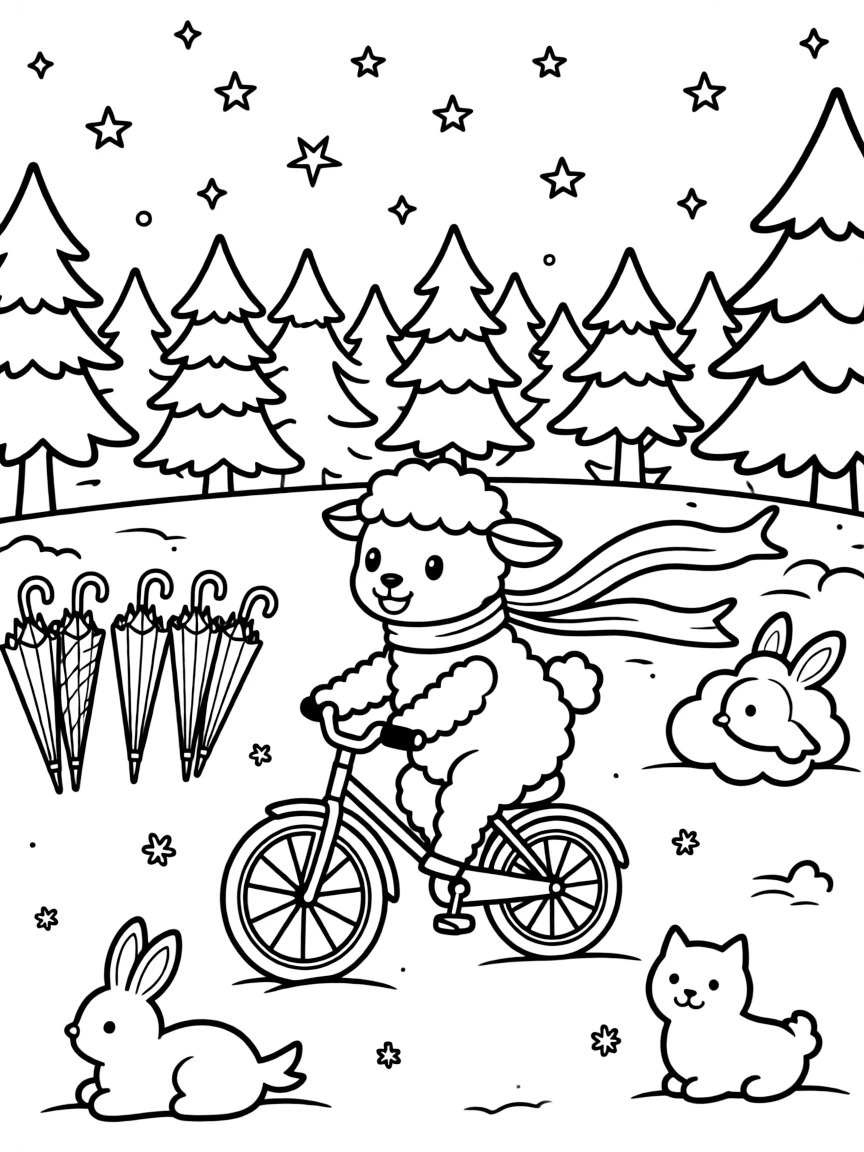 A woolly little lamb is riding a bicycle decorated with streamers on the handlebars in a snowy forest clearing under twinkling stars. All around, fluffy clouds shaped like little animals and a row of colorful umbrellas make the setting feel extra special.