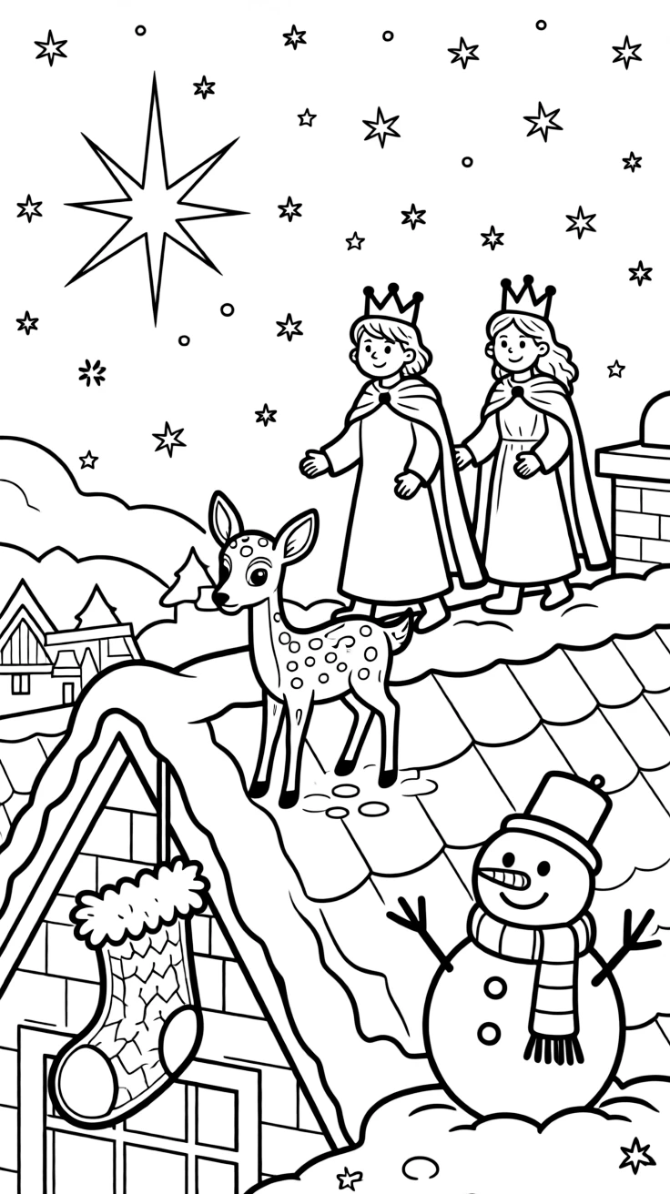 A wide view on a snowy rooftop under a starry night sky, featuring three crowned travelers following a bright star, a spotted fawn, and a knitted stocking hung with care, with a cheerful snowman with a striped scarf nearby.