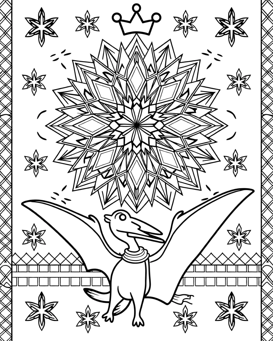 Dinosaurs & Prehistoric: The page presents a small themed scene built around a friendly-faced pterodactyl gliding with wide wings, tied together by a crystal-facet mandala built from angular repeating shapes. The scene is set within a framed scene where every element on one side is echoed by a twin on the opposite side. Decorative details fill the surrounding space, including six-point snowflake shapes, rows of small square tiles, and a grid of lattice diamonds woven throughout the background. A playful extra touch completes the page: a small crown resting just above the center of the design.