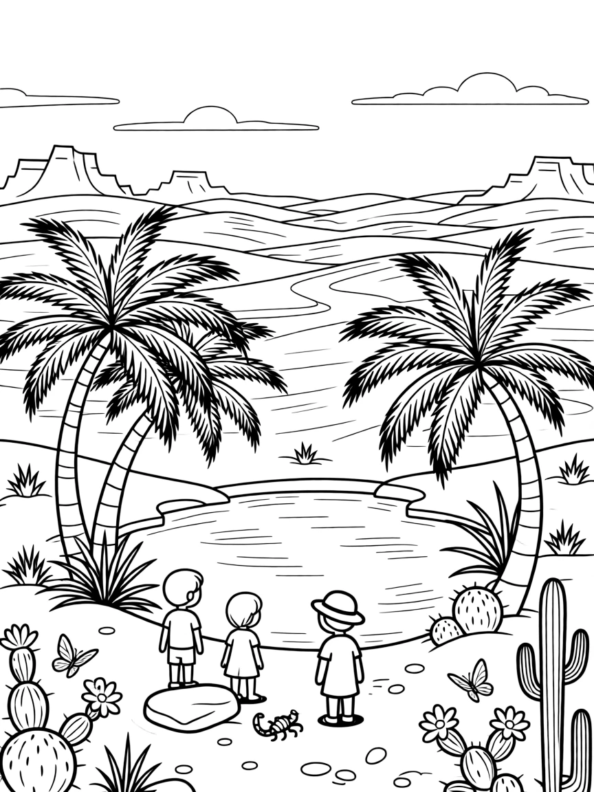 [Desert Dunes] A group of children explore a hidden desert oasis surrounded by palm trees. A scorpion scuttles beneath a flat stone as butterflies drift over blooming cacti. Rolling sand dunes stretch toward distant rocky mesas beneath a wide open sky. A gentle wind shapes soft ripples across the dunes beneath a clear blue sky.
