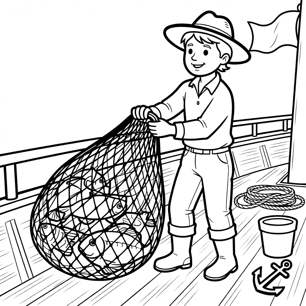 A fisherman hauls a net full of fish onto the deck of a fishing boat.