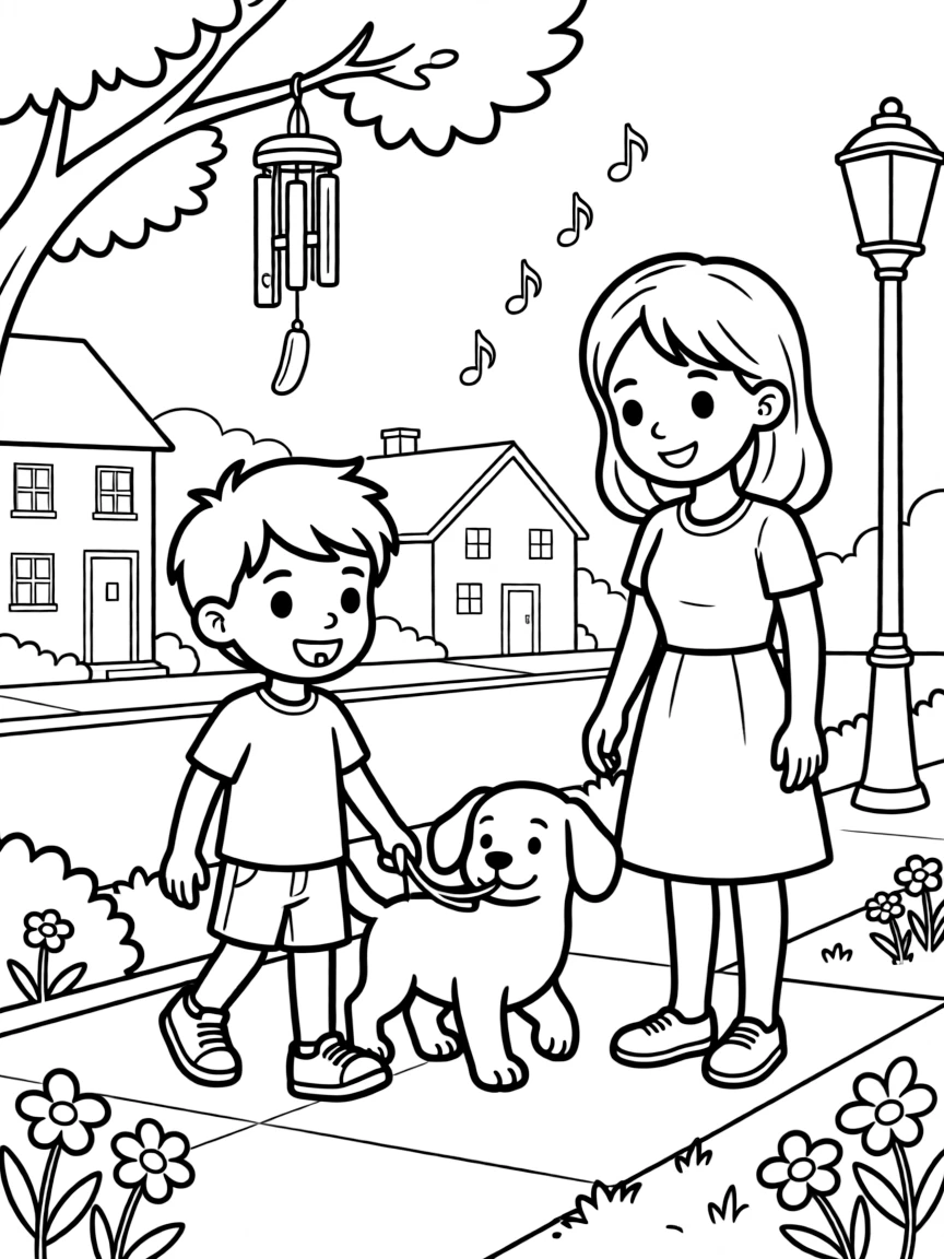A boy with a missing front tooth walking the dog around the block with an aunt as a wind chime tinkles softly.