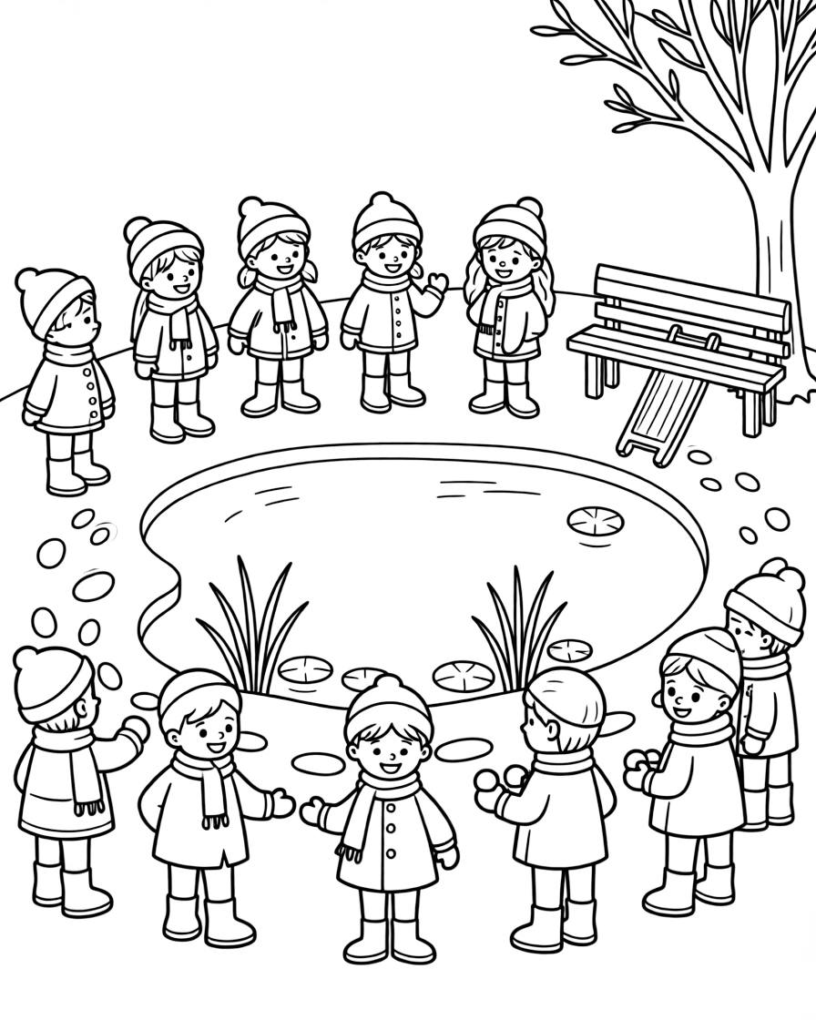 A group of classmates, taking a face-off at center pond with friends bundled in winter coats.