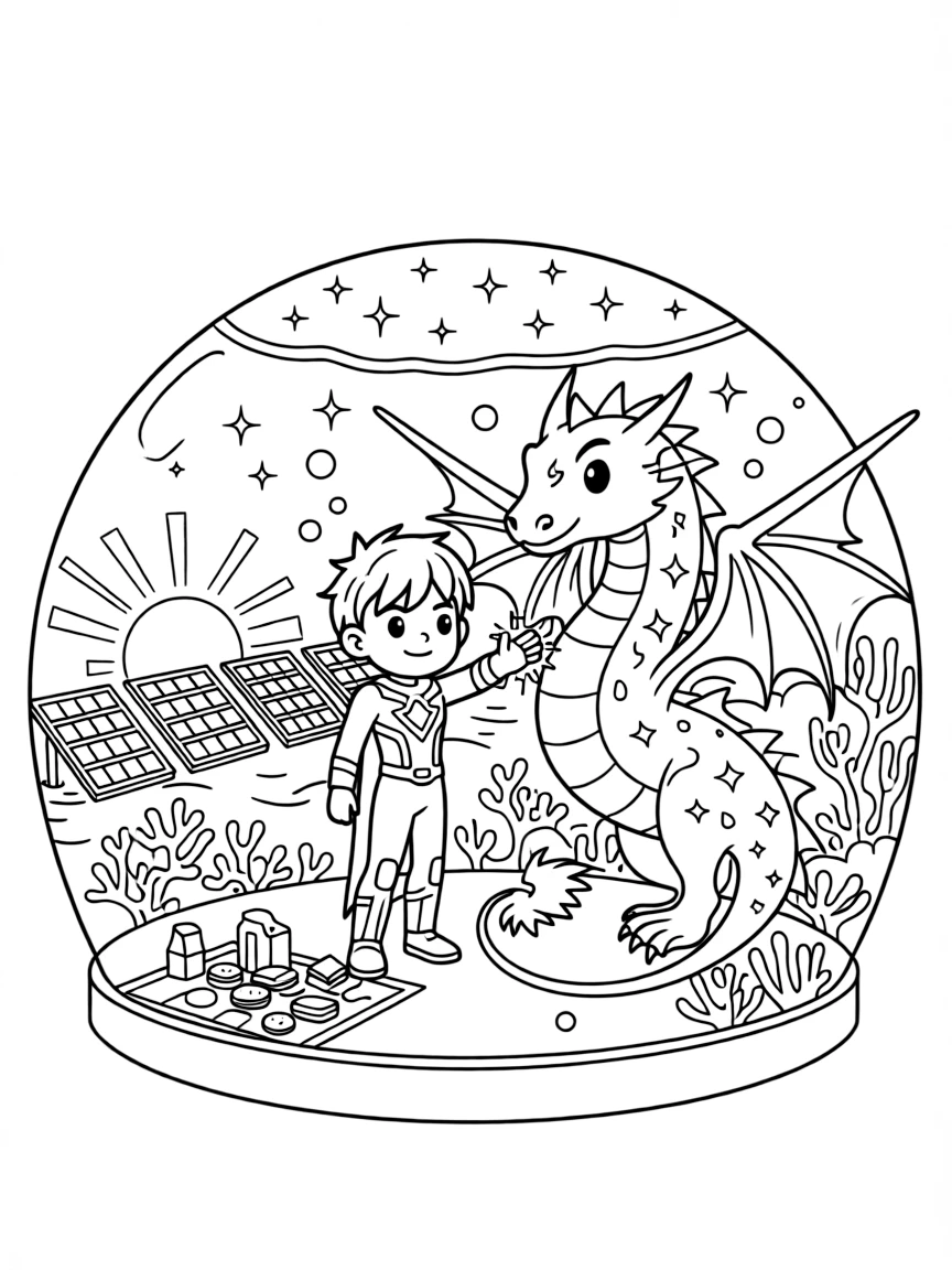 Guardian Marbles, a brave ice-blasting superhero kid taming a wild but friendly space dragon with a gentle melody, in an underwater dome city surrounded by coral reefs, with a row of solar panels catching the sunset and a picnic blanket spread with snacks under the stars nearby.