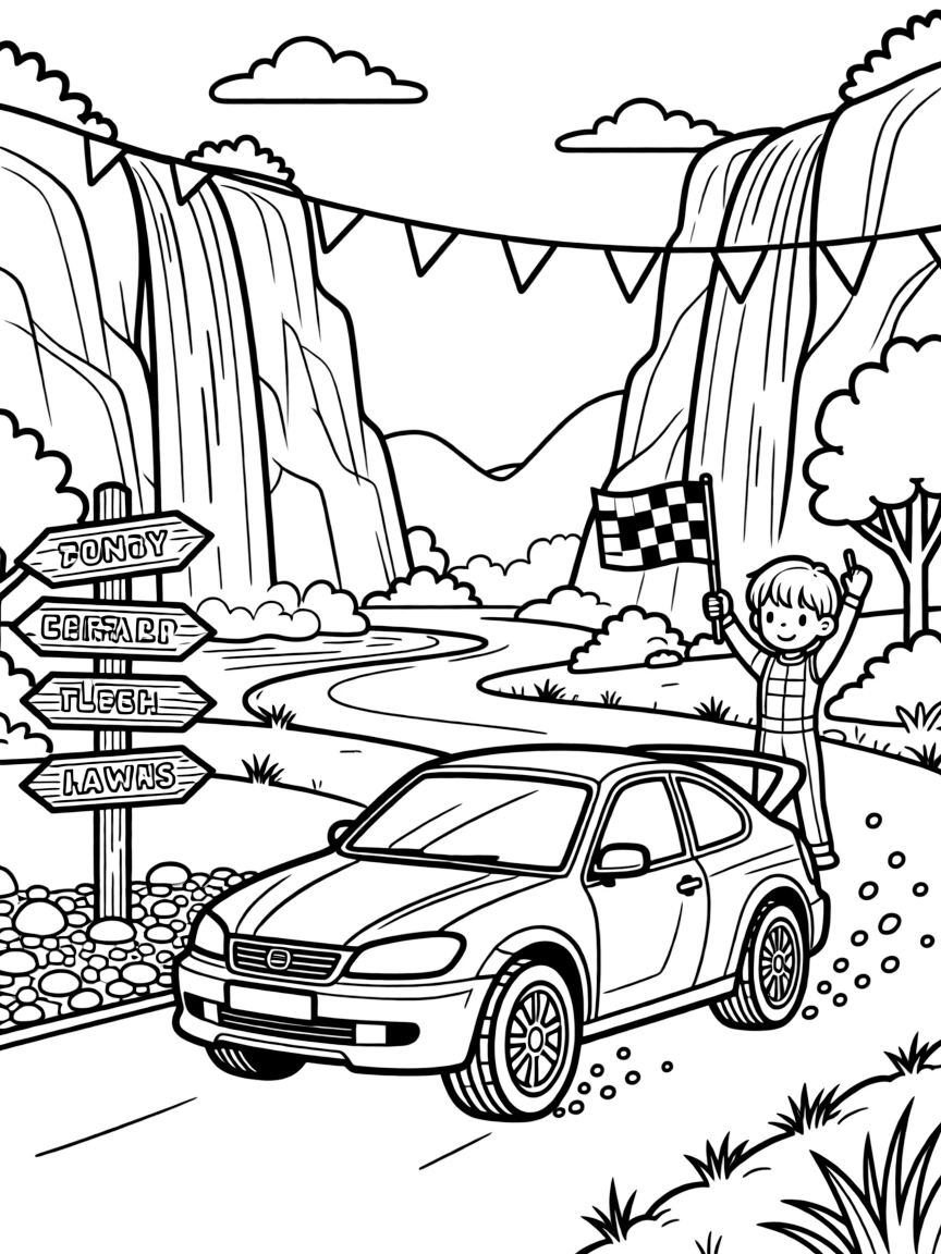 In this scene, a rally car drifting sideways around a gravel corner is the star of a national park with towering waterfalls and rocky cliffs, joined by a race car driver holding up a checkered flag, with a string of triangle pennant flags overhead and an old wooden signpost pointing to faraway towns scattered throughout for kids to color.