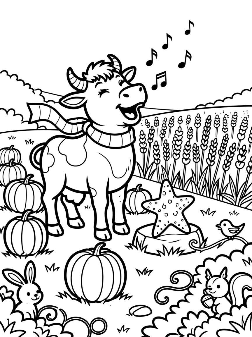 A calf in a pumpkin patch in October, singing a cheerful tune with a starfish, next to a lavender field, while baby animals peek out from the bushes.