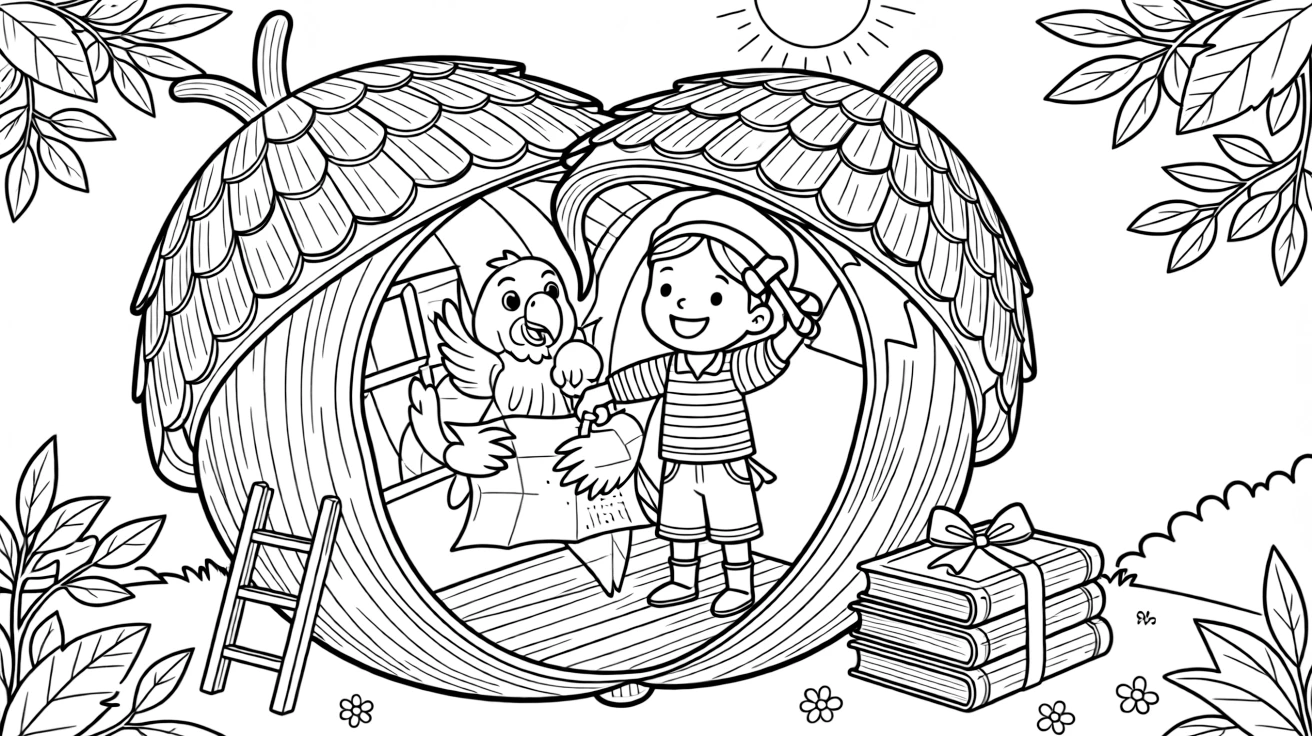 Fearless and full of excitement, a young pirate and her parrot map-reader spends the day building a treehouse with hammer and nails inside a giant treehouse shaped like an acorn. Nearby, a stack of picture books tied with ribbon adds to the fun. Warm smiles and happy cheers fill the scene.
