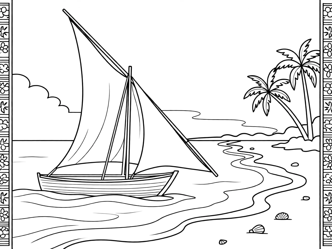 A coloring page featuring a dhow sailboat with a triangular sail on the coast of Zanzibar from Tanzania, framed by a simple border of flowers, stars, or geometric patterns from the region.