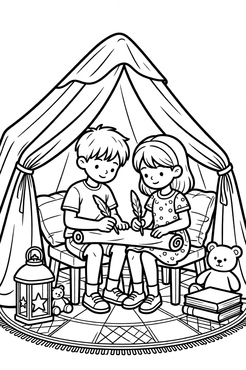 a determined pair of best friends sits in a blanket fort and writes a wish list of book titles on a scroll tied with ribbon.