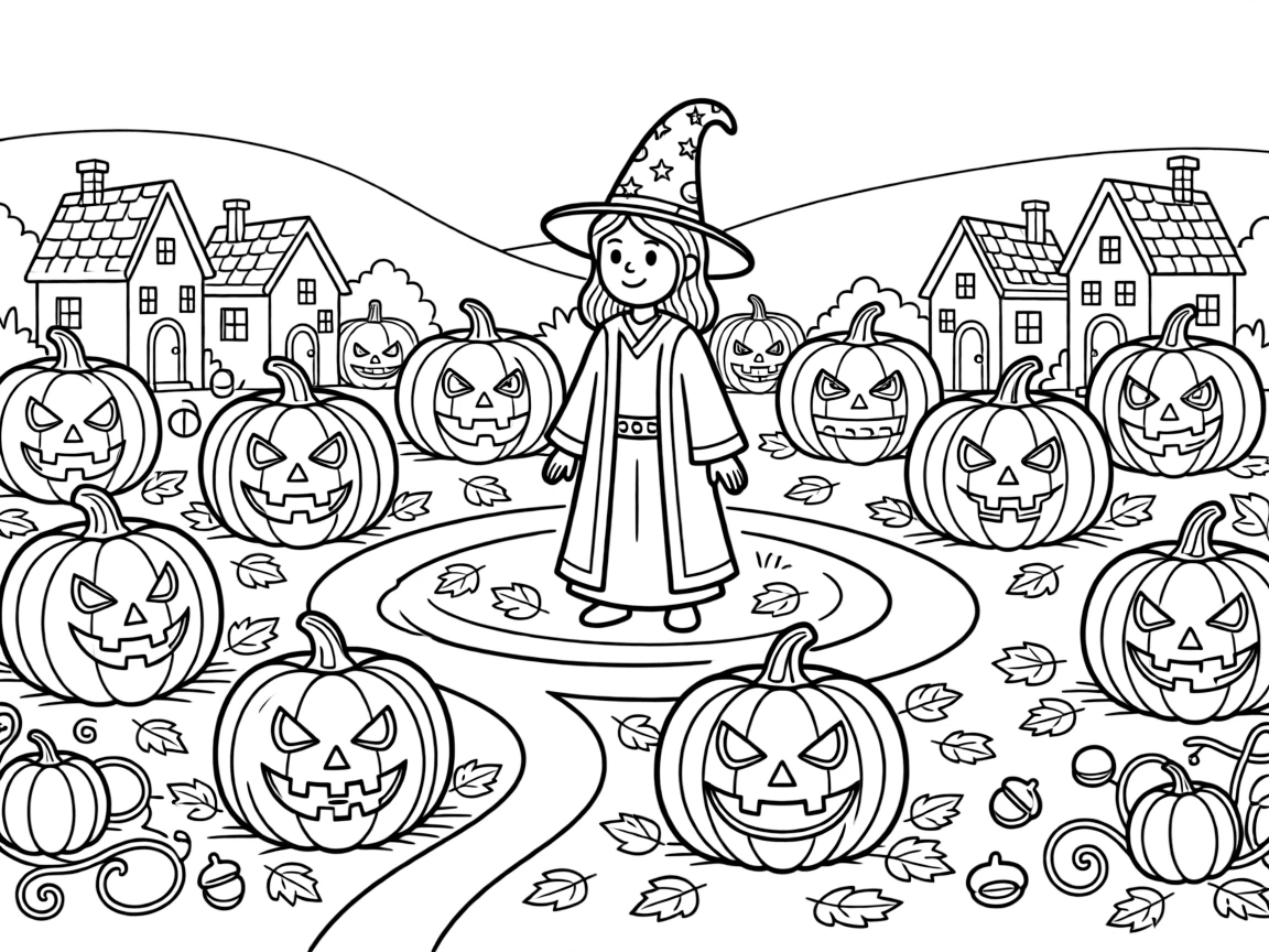 A wizard transforms a pumpkin patch into a maze of glowing jack-o'-lanterns for the village's autumn festival.