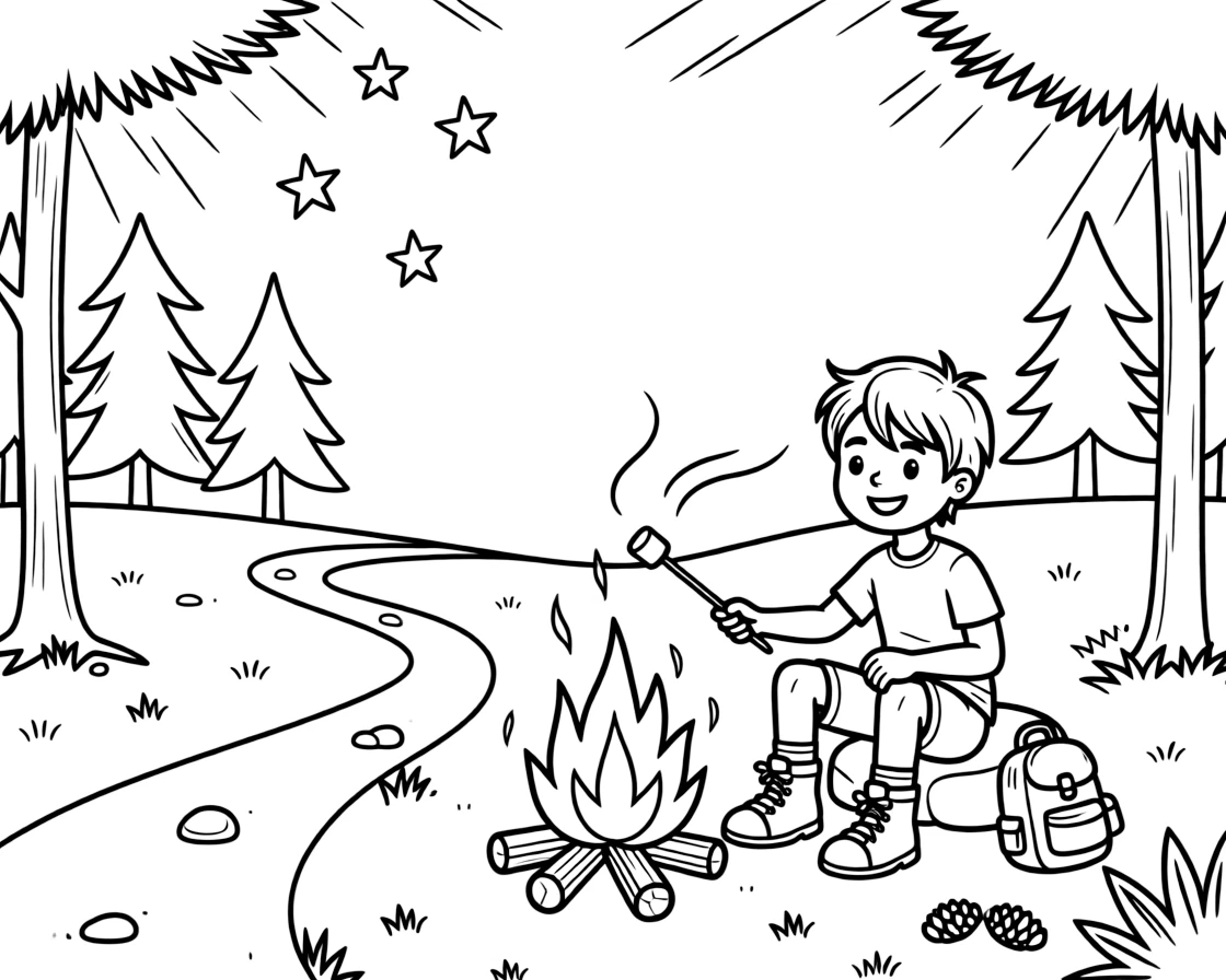 [Camping] a young camper roasting marshmallows toasting marshmallows over a crackling fire along a winding hiking trail, smiling proudly. Nearby, stars twinkle brightly overhead. Tall pine trees frame the campsite. The scene is captured at high noon, with a light breeze blowing, giving the page a lively and adventurous feel that invites plenty of colorful detail.