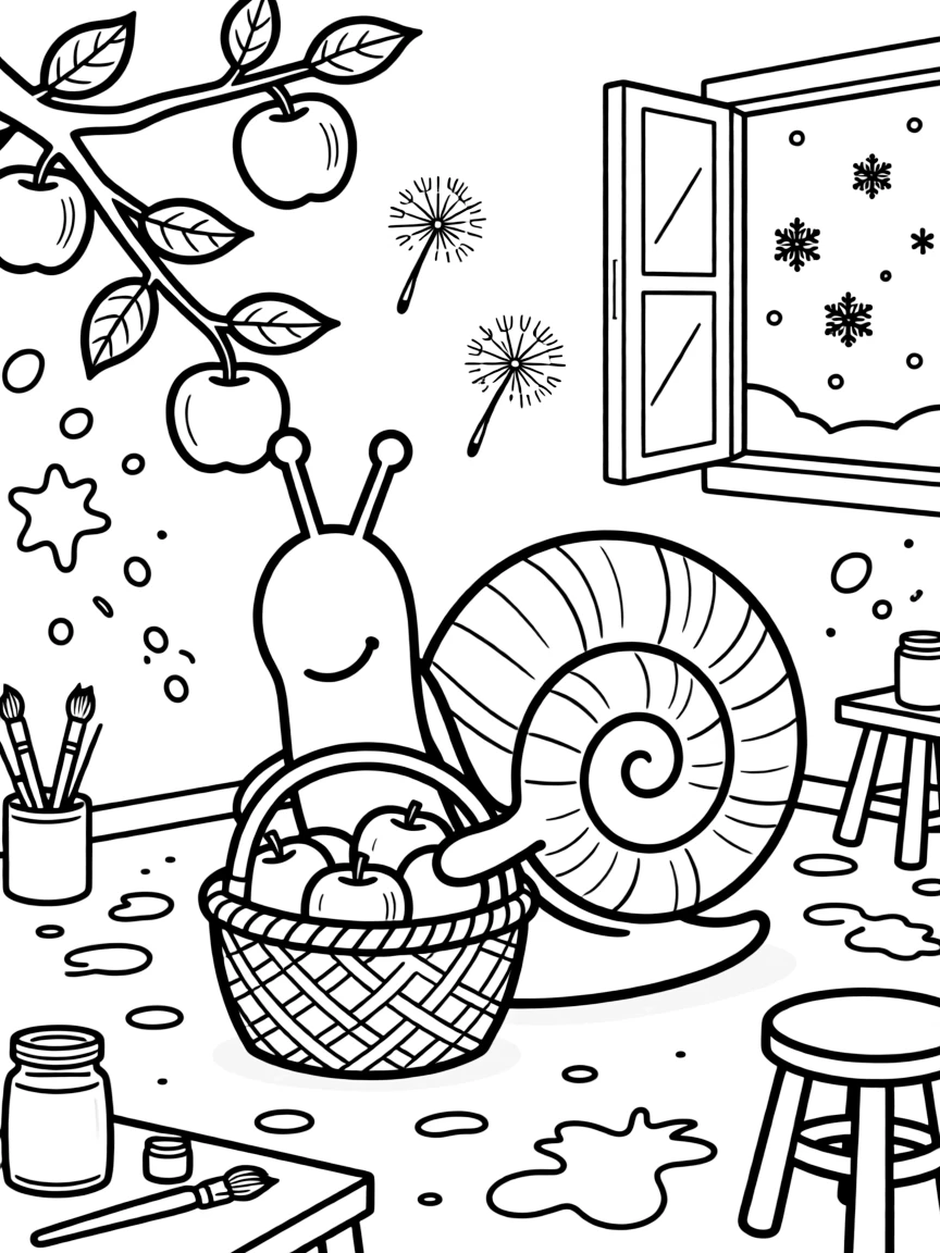 A snail with a spiral shell is picking ripe apples and filling a woven basket inside an art studio splattered with paint. Scattered nearby, floating dandelion seeds catching the light and gently falling snowflakes add a sprinkle of wonder to the moment.
