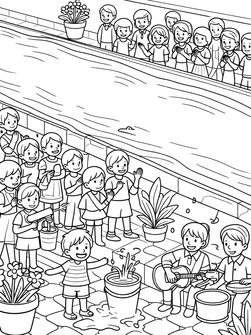 A river lined with cheering spectators in a courtyard where buckets and water guns are ready for play, alongside a grinning child and musicians playing near the water's edge, with a bucket splashing with water close by.