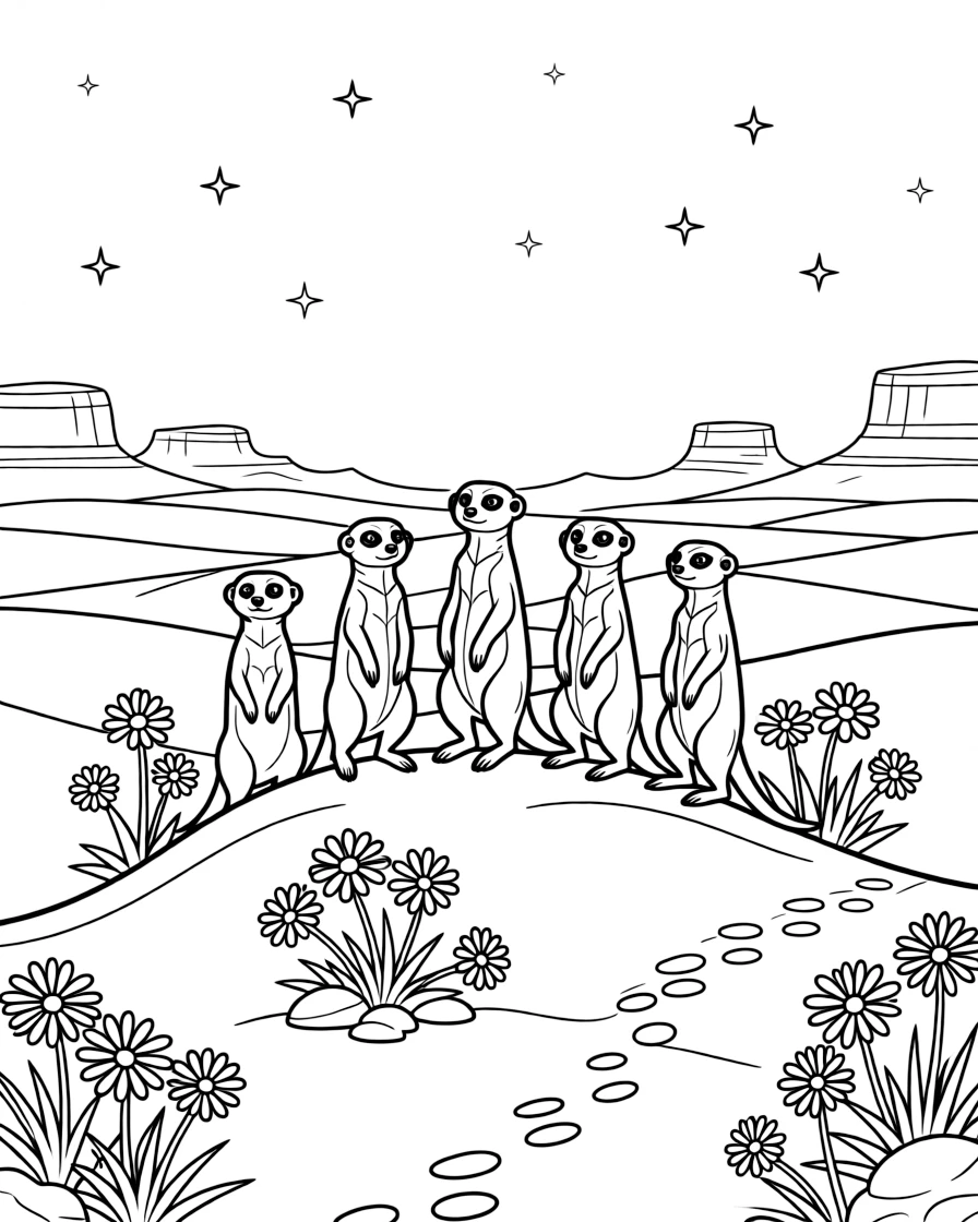 [Desert Dunes] A family of meerkats stands alert atop a sandy dune, watching the horizon together. Colorful desert flowers bloom between rocks near a trail of small paw prints. Rolling sand dunes stretch toward distant rocky mesas beneath a wide open sky. Stars begin to appear over the desert as the sand cools in the evening air.