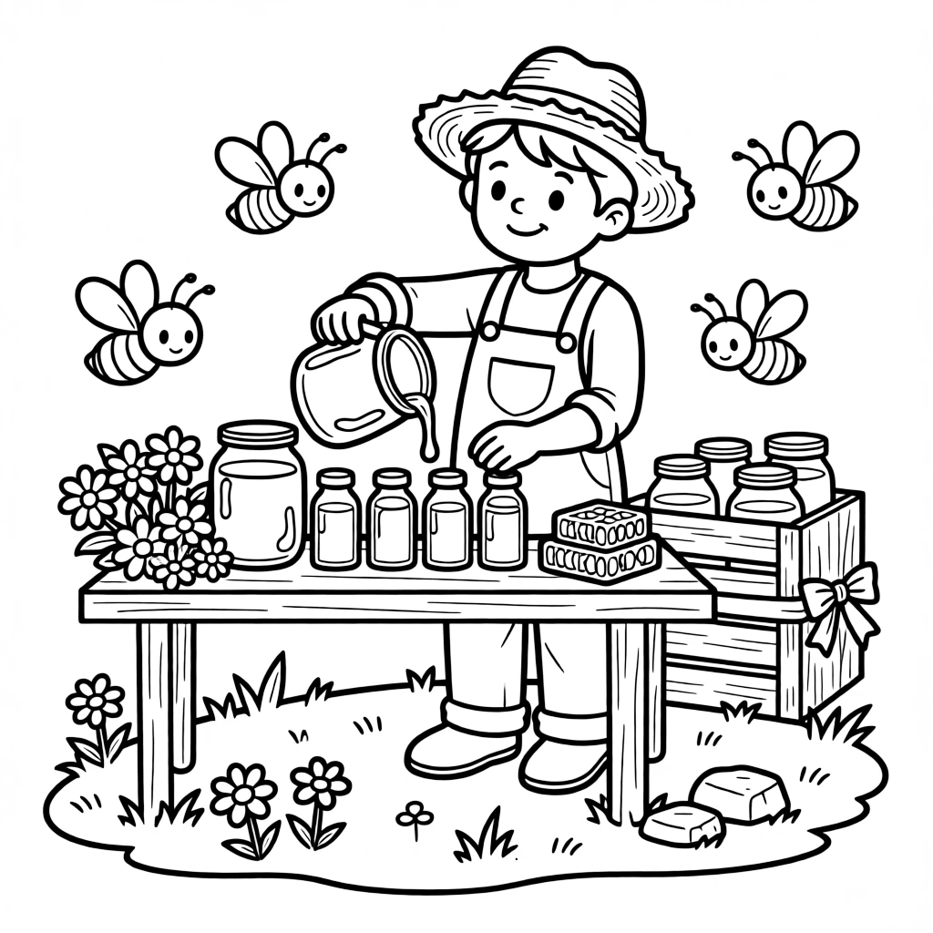 A honey farmer pours golden honey from a jar into small bottles at a farm stand.
