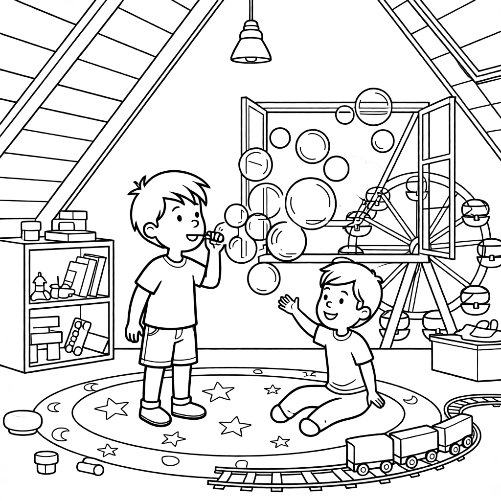 A talkative boy blowing bubbles with a neighbor kid in an attic playroom while a ferris wheel spins in the distance.