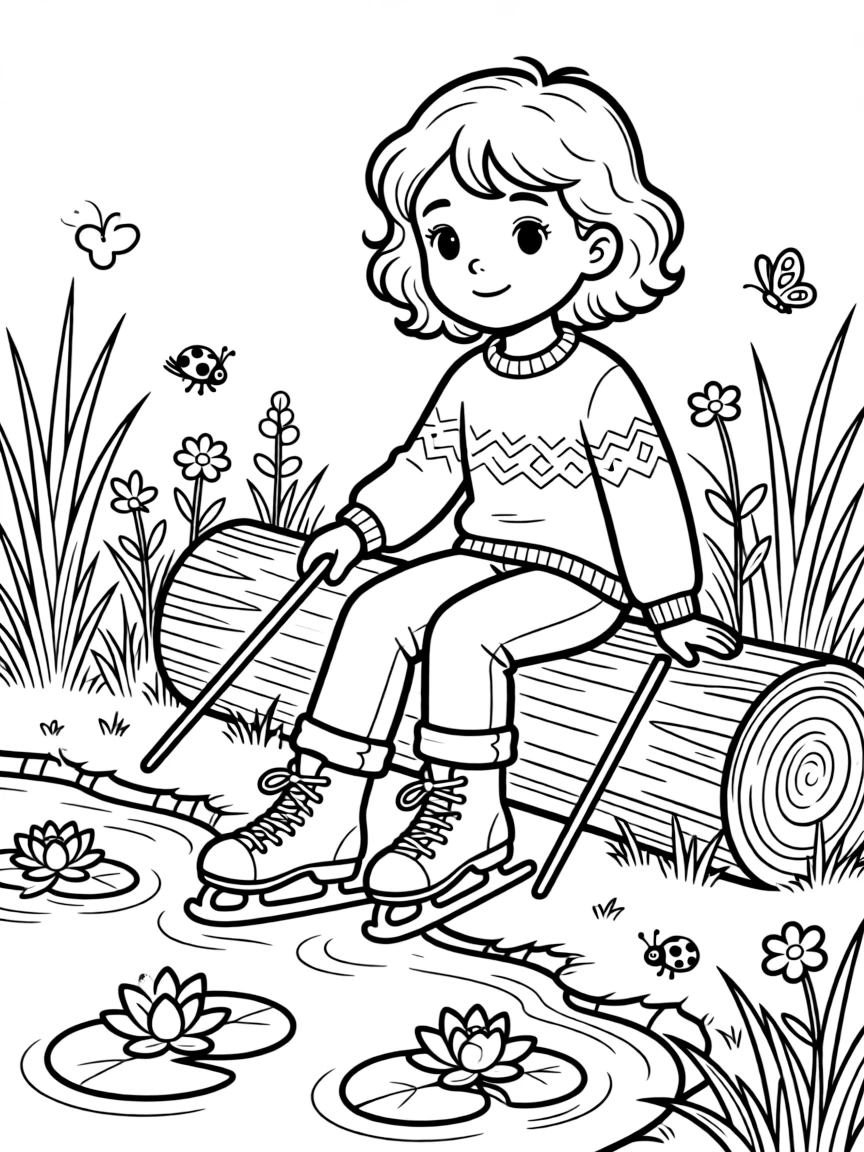 A little girl with curly hair, resting on a log by the pond's edge, skates laced and stick in hand.