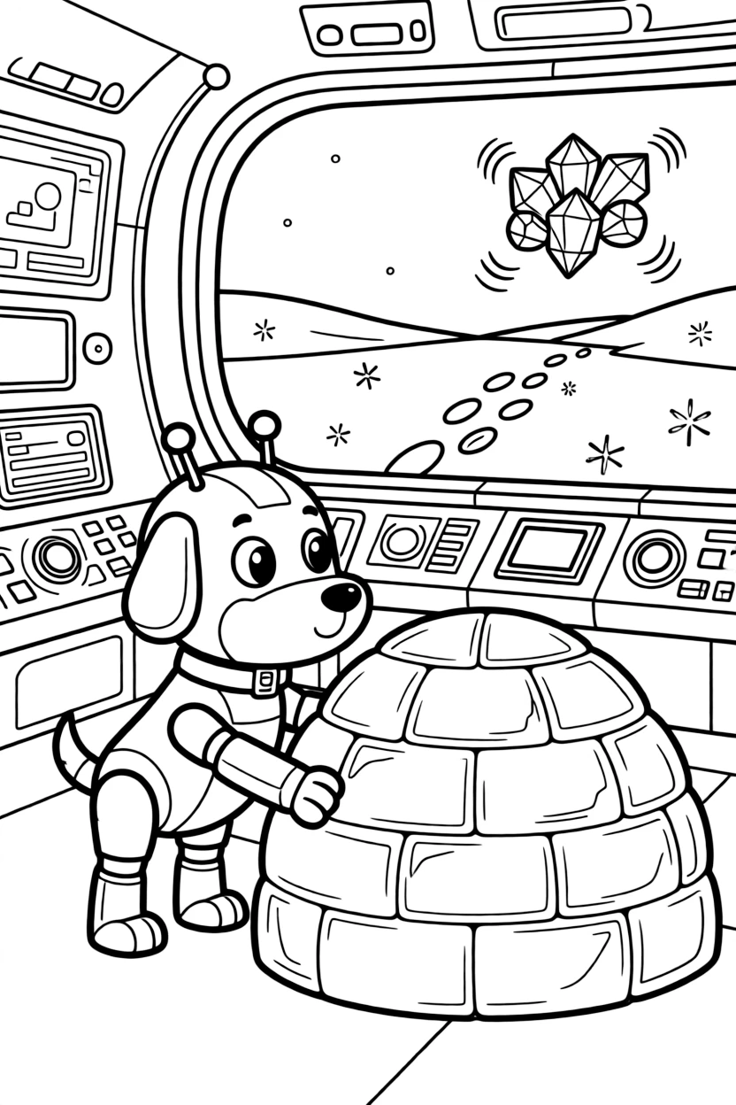 Gizmo, a robot dog building an igloo out of glowing ice blocks on a frost planet in a spaceship's bright control room full of blinking buttons and screens, as a trail of glowing footprints leading into the distance and a cluster of floating crystals humming softly fill the scene.