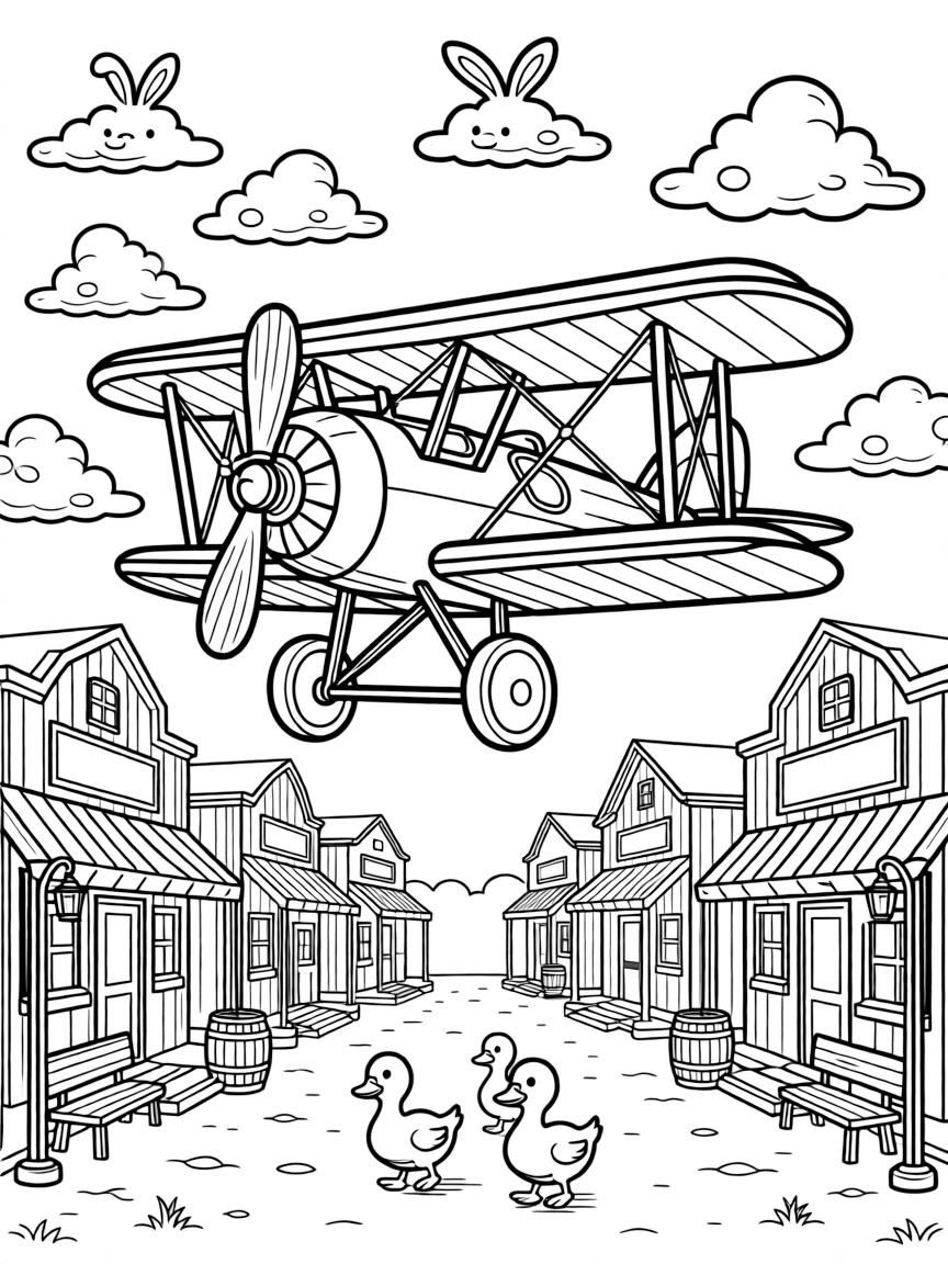 A vintage biplane with two stacked wings and a wooden propeller takes center stage in a dusty Wild West town with wooden storefronts, where a family of ducks waddling alongside can be seen nearby, surrounded by fluffy clouds shaped like animals drifting overhead.