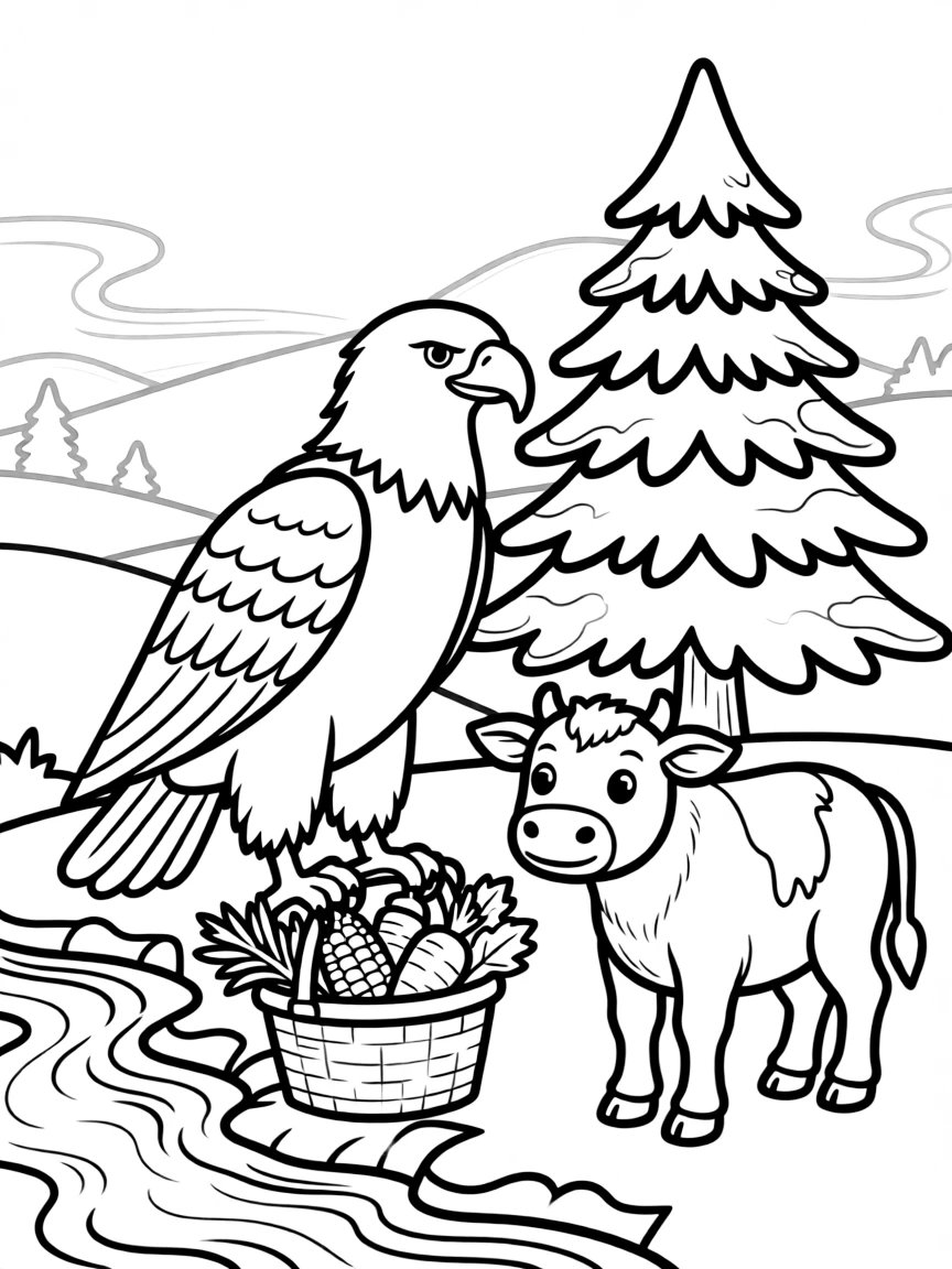 A bald eagle beside a bubbling brook, carrying a basket of vegetables with a calf, next to a snow-covered pine tree, while morning fog rolls over the hills.