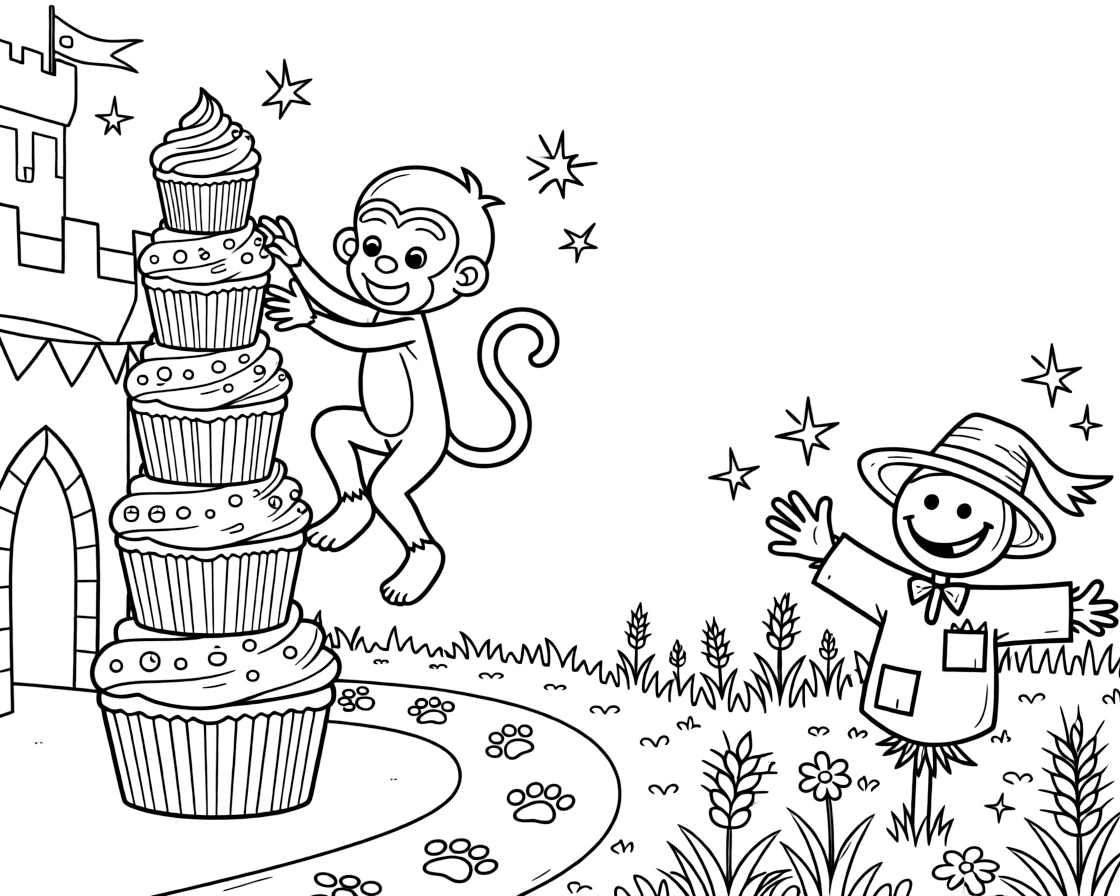 At a royal castle courtyard decorated for a festival, a silly monkey acrobat is busy decorating a tower of cupcakes with sprinkles, cheered on by a trail of paw prints leading into the distance and a cheerful scarecrow waving from the field. Little cheers of excitement fill the air.