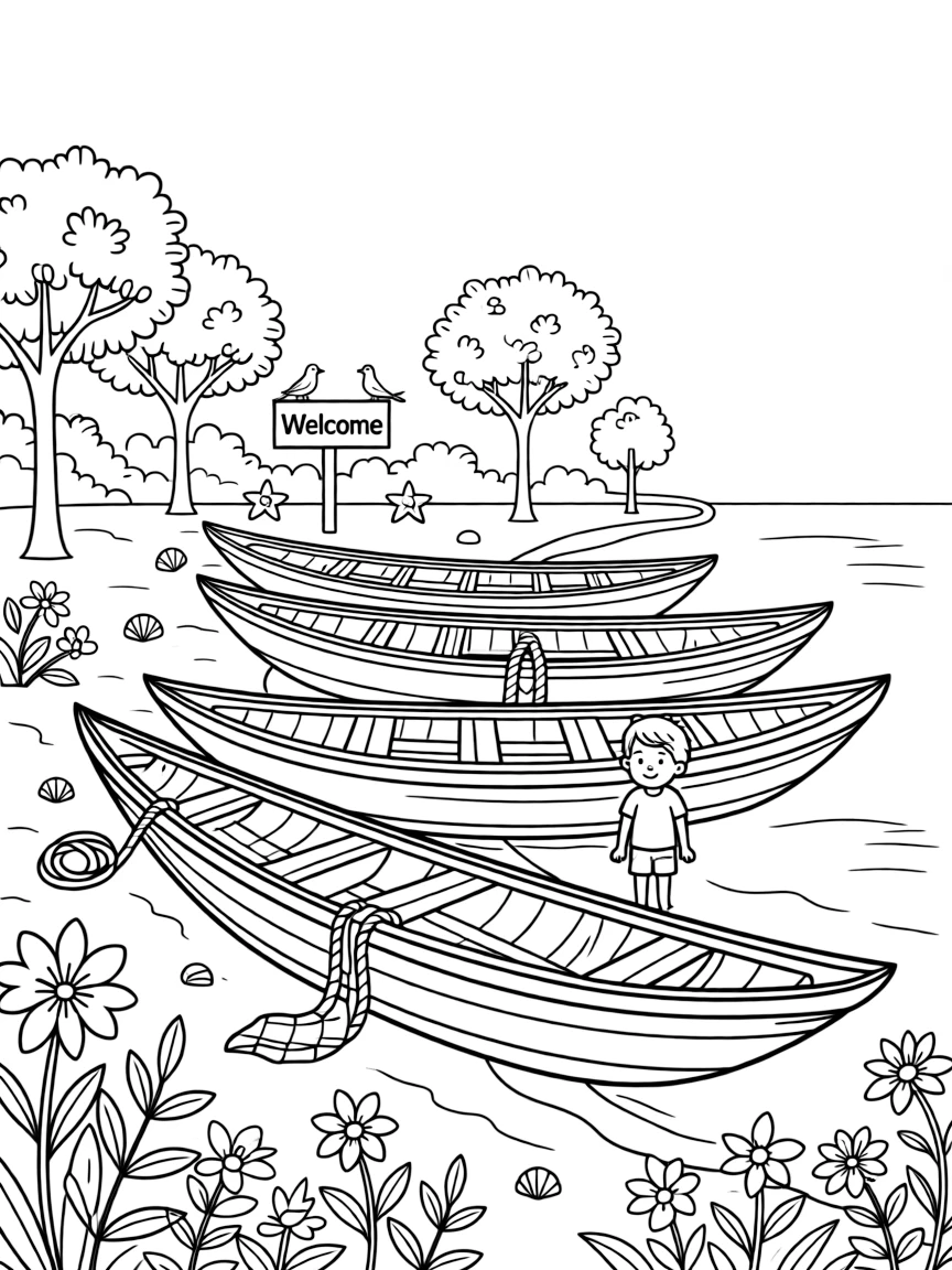 A coloring page inviting kids to explore Senegal through a colorful fishing harbor with wooden pirogue boats lined along the shore, with small trees, flowers, and a signpost welcoming visitors nearby.