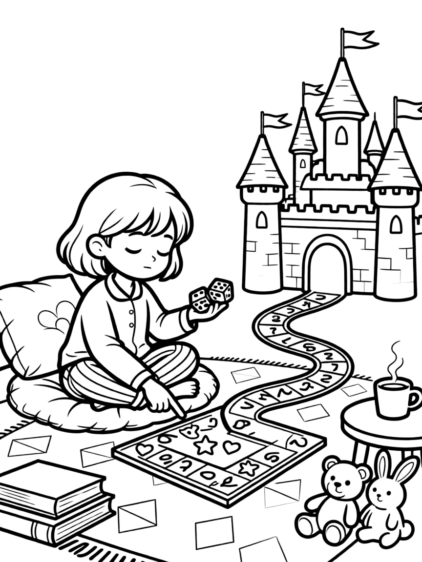 a sleepy young girl plays a board game with dice, counting spaces to reach a castle at the finish.