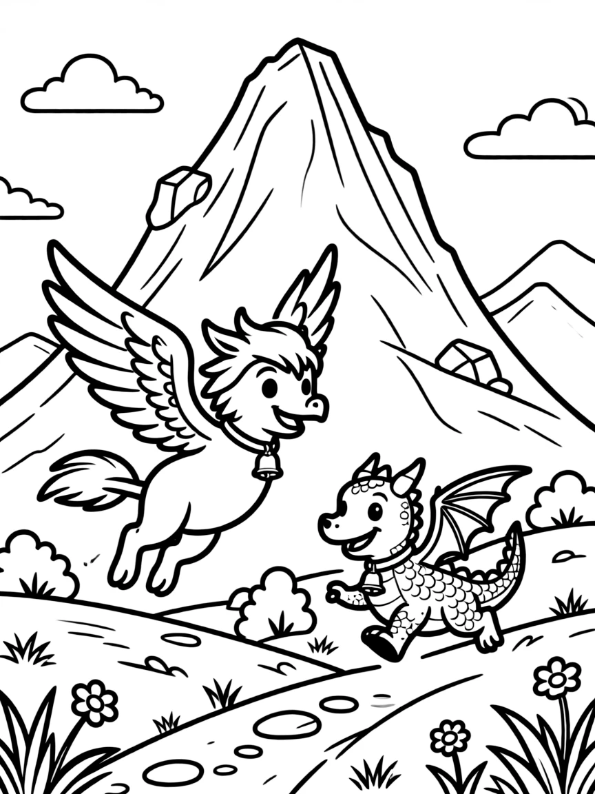 A young griffin and a small dragon become unlikely best friends, racing each other around a mountain peak.