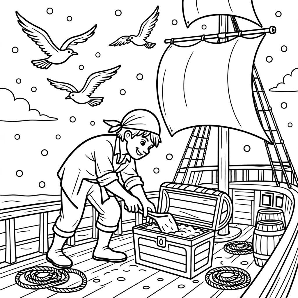 [Pirates] A dynamic scene shows a jolly pirate captain digging up a buried treasure chest aboard a wooden sailing ship, looking determined and brave. Close by, seagulls circle above the mast. Coiled ropes and barrels sit on the deck. The moment unfolds at sunrise, with snow gently falling, filled with energetic detail perfect for a young colorist.