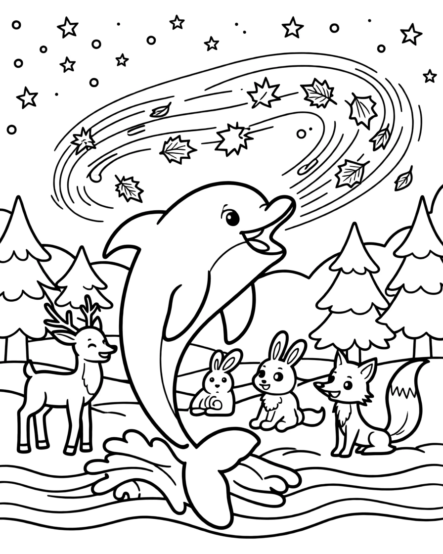 A friendly dolphin leaping over the waves is singing a cheerful tune with woodland animal friends in a snowy forest clearing under twinkling stars. twinkling fireflies rising into the air and swirling autumn leaves in every color make the scene feel magical.