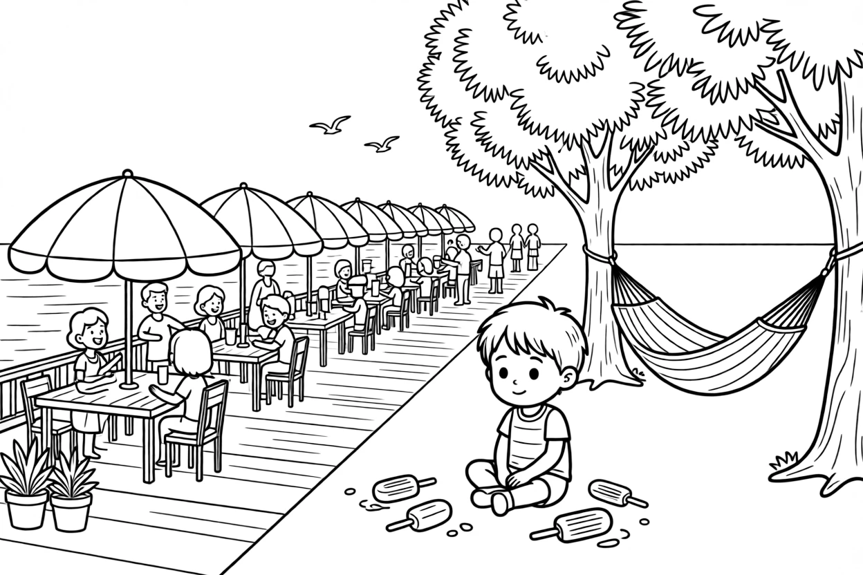 A shy toddler taking it all in sitting beside a street party with tables lined up outdoors at a bustling boardwalk with striped umbrellas, with a hammock strung between two trees and a popsicle melting in the sun scattered about.