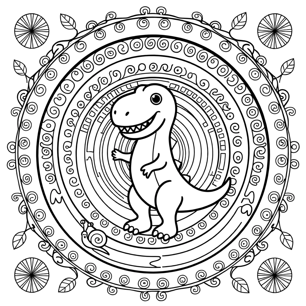 Dinosaurs & Prehistoric: The main subject is a t-rex with small arms and a big grin, drawn as the focal point of a set of perfectly matched concentric rings. It is positioned in the middle of the page so the design radiates outward evenly in every direction. Decorative details fill the surrounding space, including swirling vine tendrils, rows of curling wave shapes, and pinwheel blades spinning in place woven throughout the background. A playful extra touch completes the page: a little snail resting quietly on one of the larger shapes.