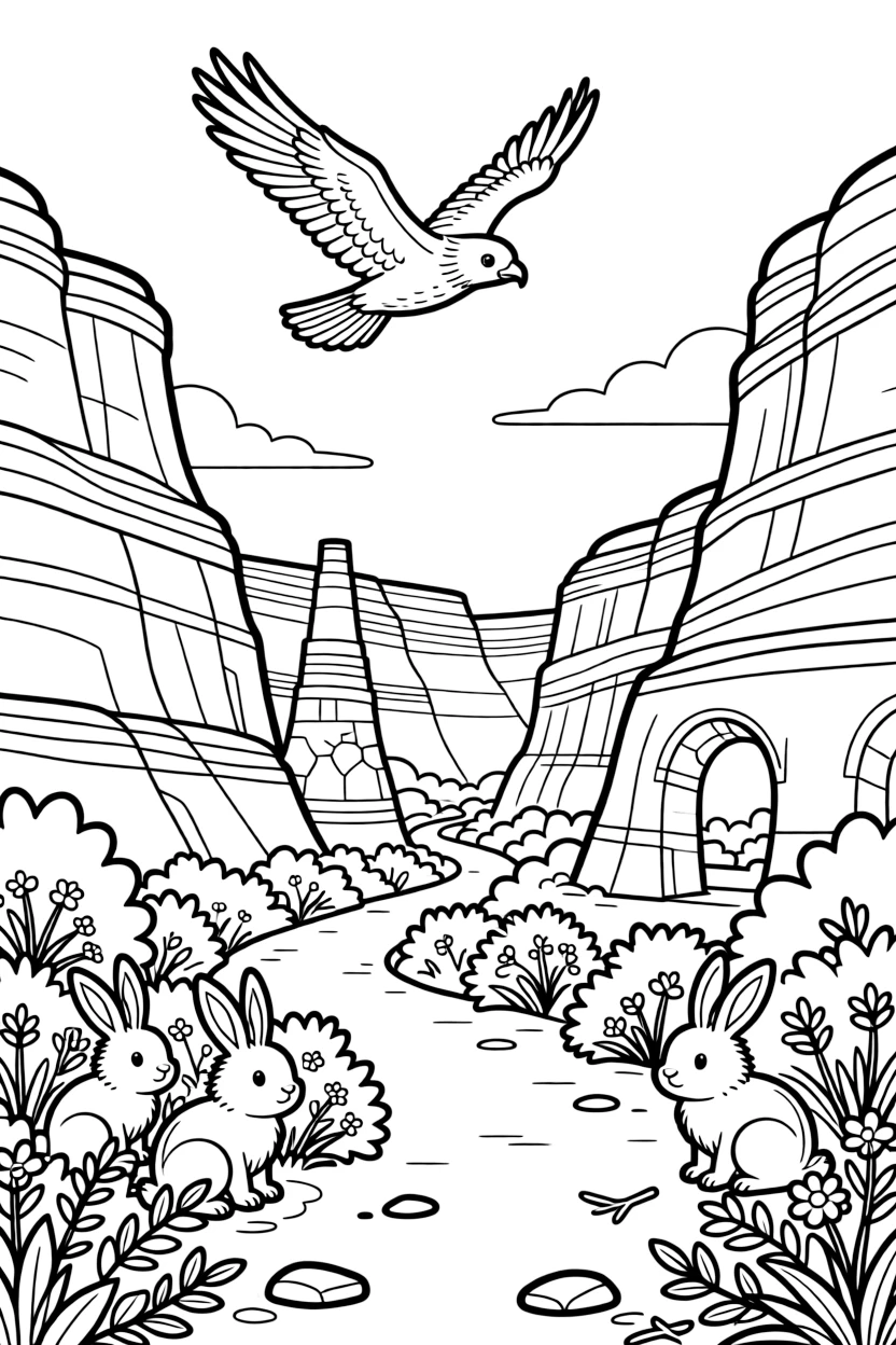 [Canyon Trails] A hawk circles high above a deep canyon carved with layers of orange and red rock. A family of rabbits hides among the scrubby bushes growing along the canyon trail. Ancient rock formations shaped like towers and arches rise from the canyon floor. A warm breeze drifts through the canyon beneath a wide, clear blue sky.