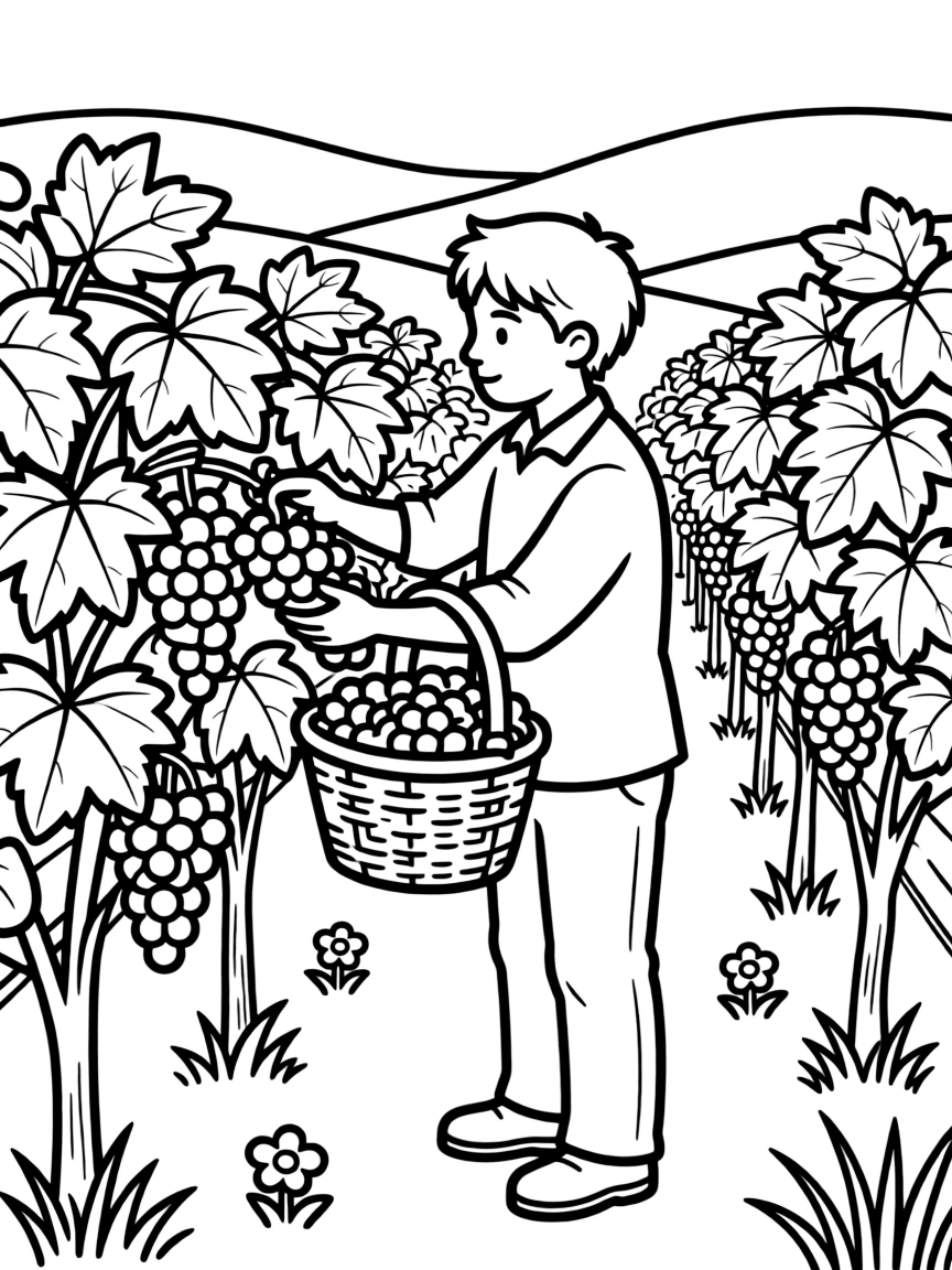 A vineyard worker picks bunches of grapes into a basket among rows of vines.