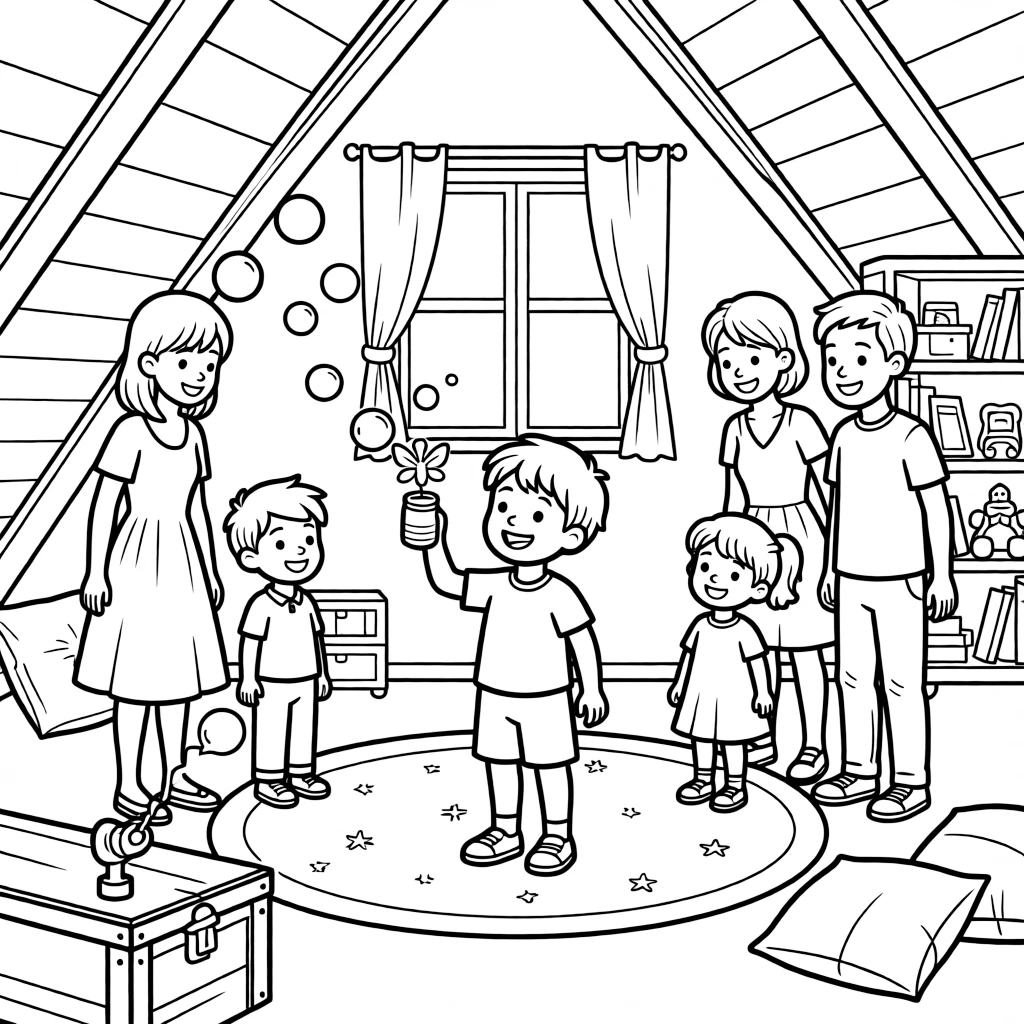 A talkative boy catching fireflies with a family of five in an attic playroom as soap bubbles float upward.