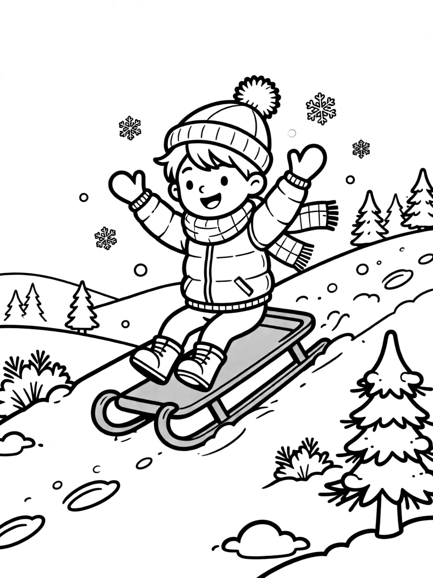 A cheerful young boy, racing down a snowy hill on a bright red sled, arms raised in excitement.