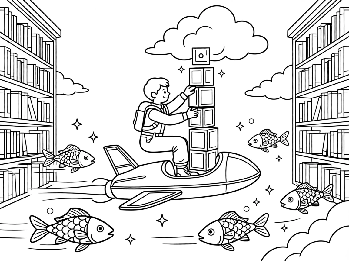 In a floating library filled with holographic books, pilot Tango zooming along on a jet-sled stacking glowing blocks to build a tower reaching the clouds, while a school of glowing space fish swimming through the air adds to the excitement.